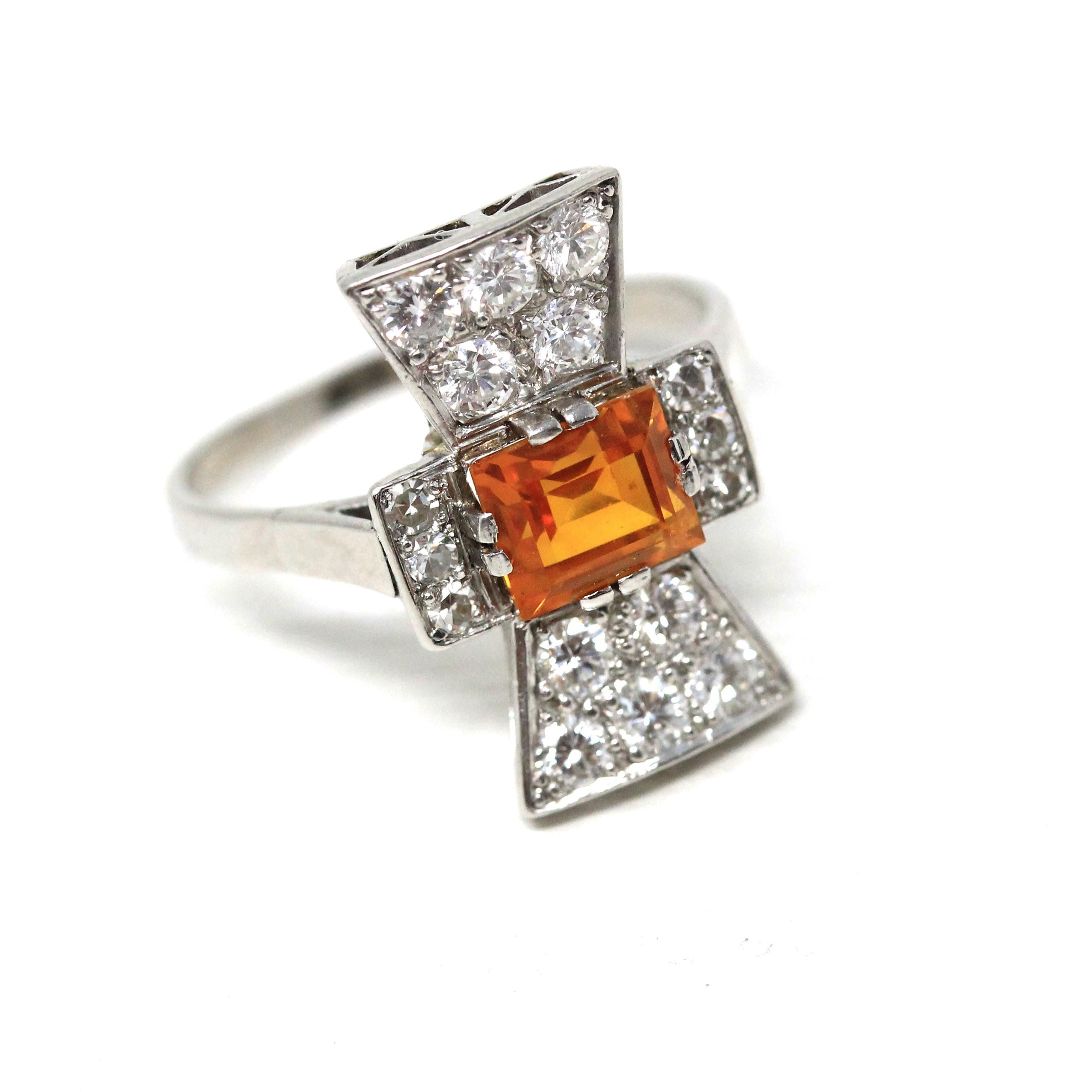 Orange Sapphire Ring - Vintage Estate Platinum Natural Orange Gem & Diamonds - 1950s Style Size 6 3/4 Fine Alternative Engagement Jewelry
