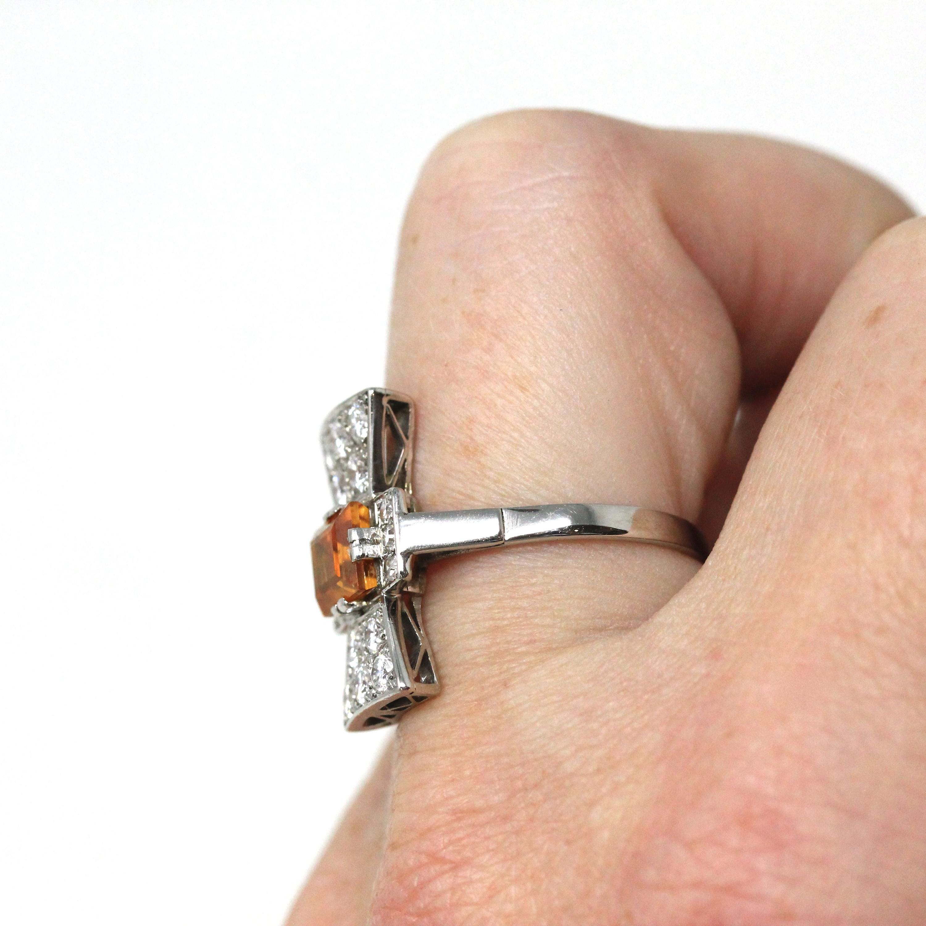 Orange Sapphire Ring - Vintage Estate Platinum Natural Orange Gem & Diamonds - 1950s Style Size 6 3/4 Fine Alternative Engagement Jewelry