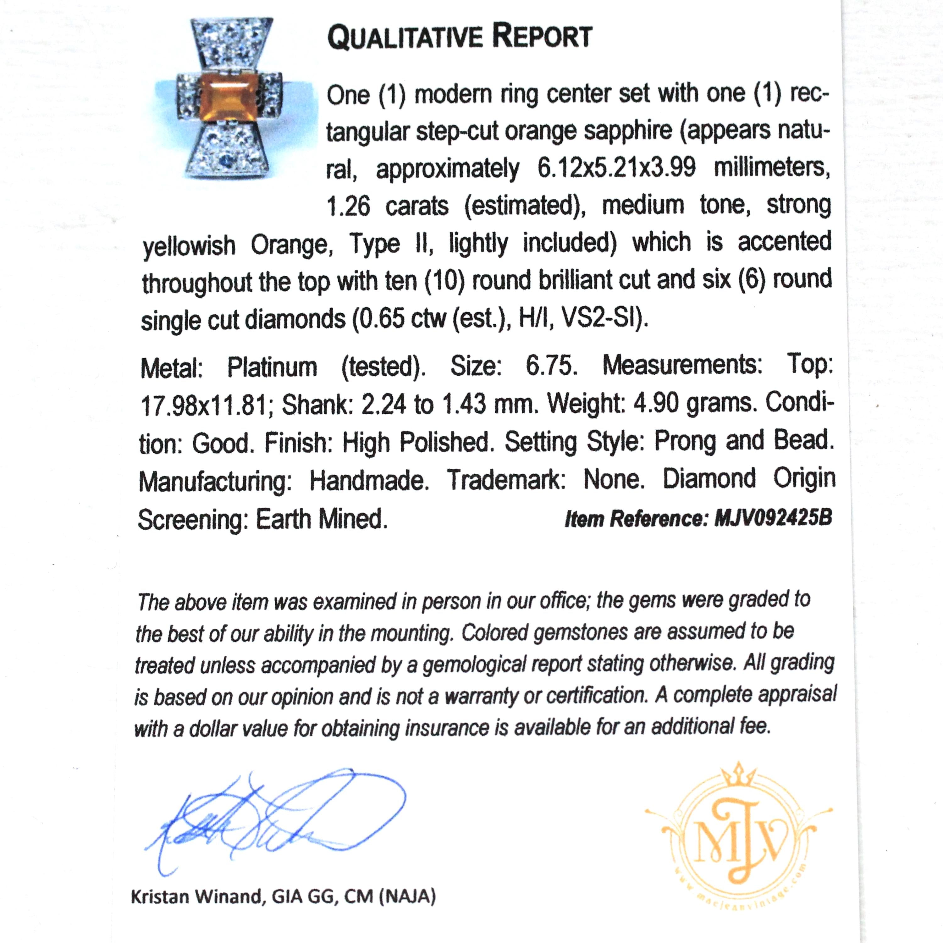 Orange Sapphire Ring - Vintage Estate Platinum Natural Orange Gem & Diamonds - 1950s Style Size 6 3/4 Fine Alternative Engagement Jewelry