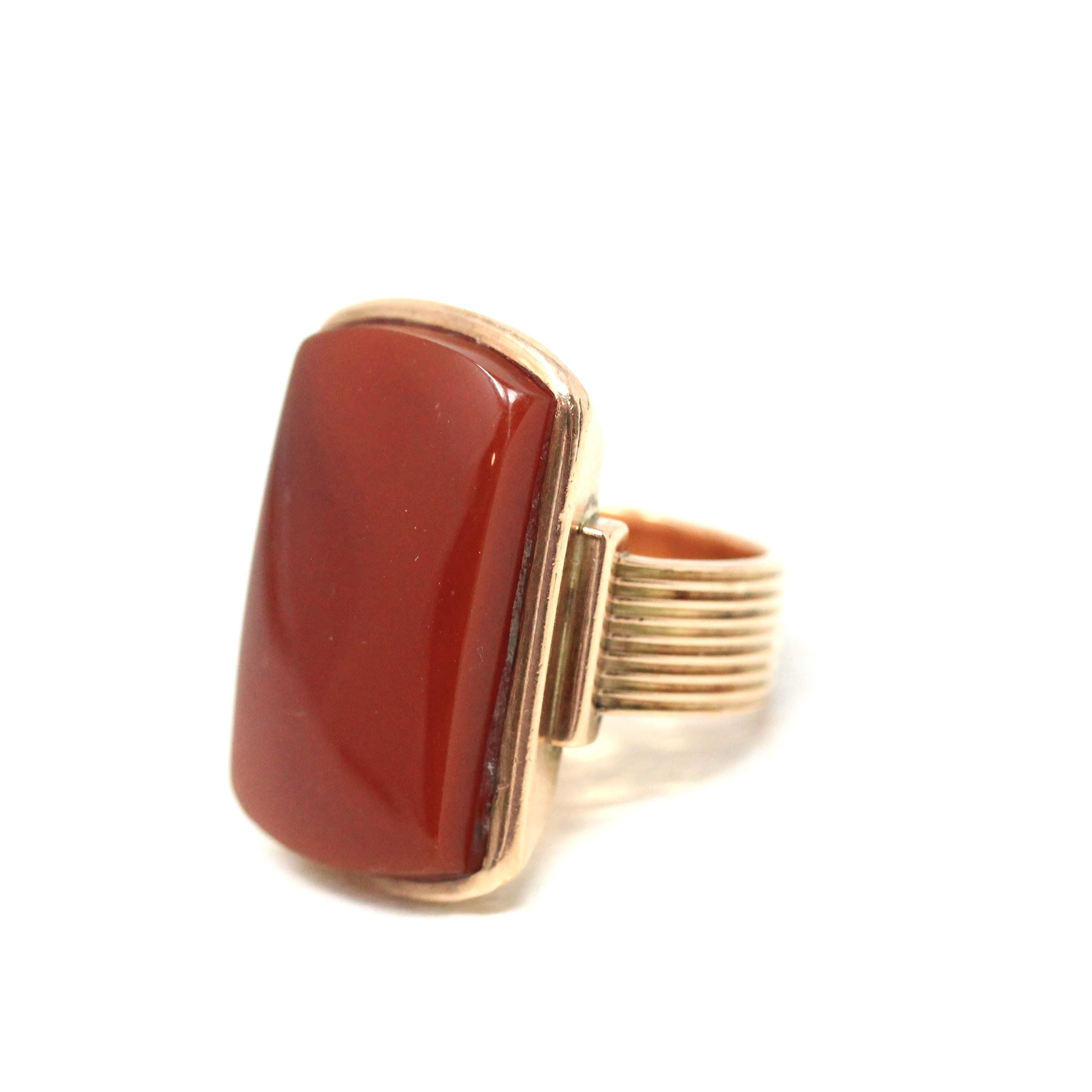 Antique Sard Ring - Victorian Circa 1890s 14k Rose Gold Natural Gemstone Signet - Size 6 1/4 Brown Orange Elongated Statement Fine Jewelry