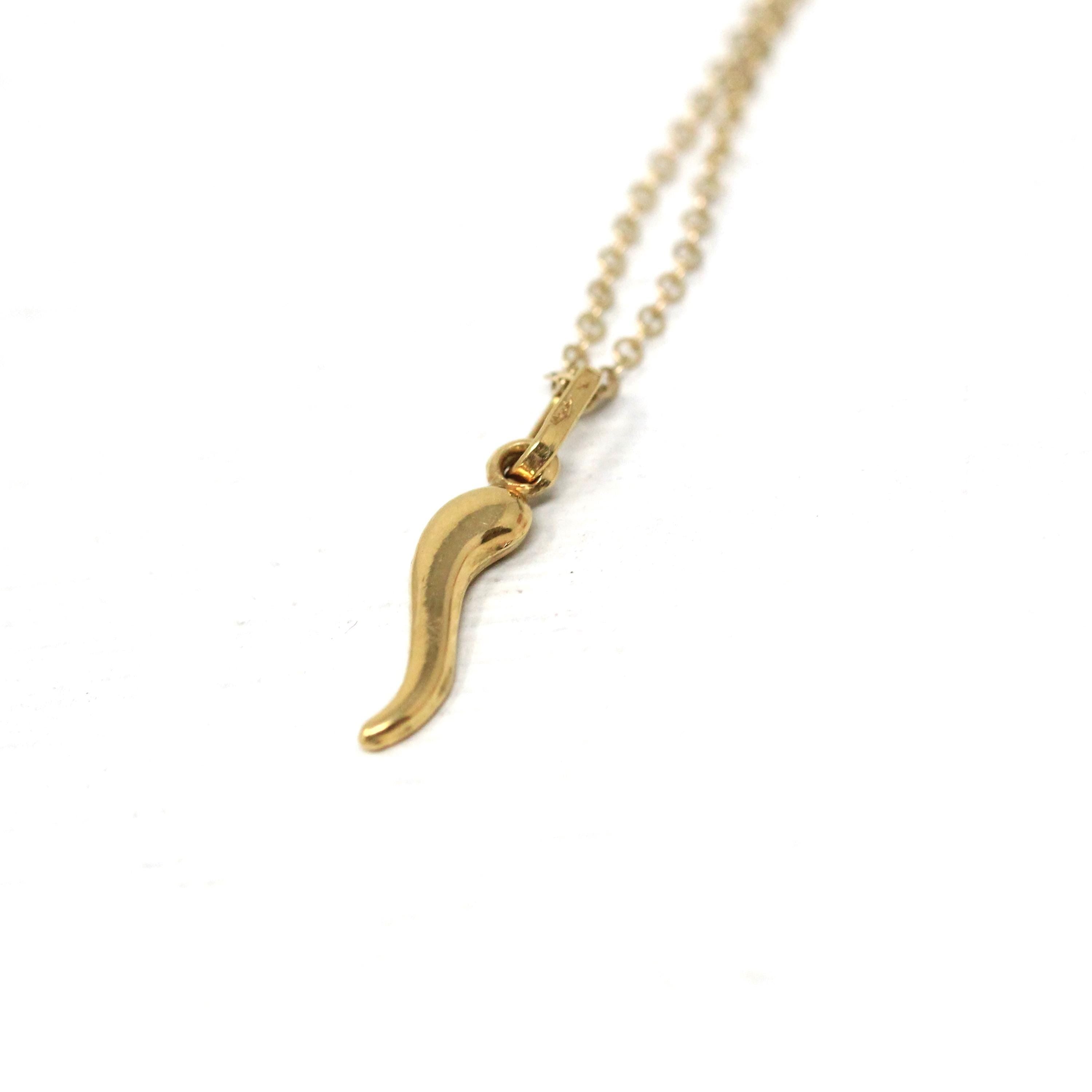 Italian Horn Charm - Retro 18k Yellow Gold Italy Cornicello Good Luck Pendant Necklace - Vintage Circa 1970s Ward Off Evil Amulet Jewelry