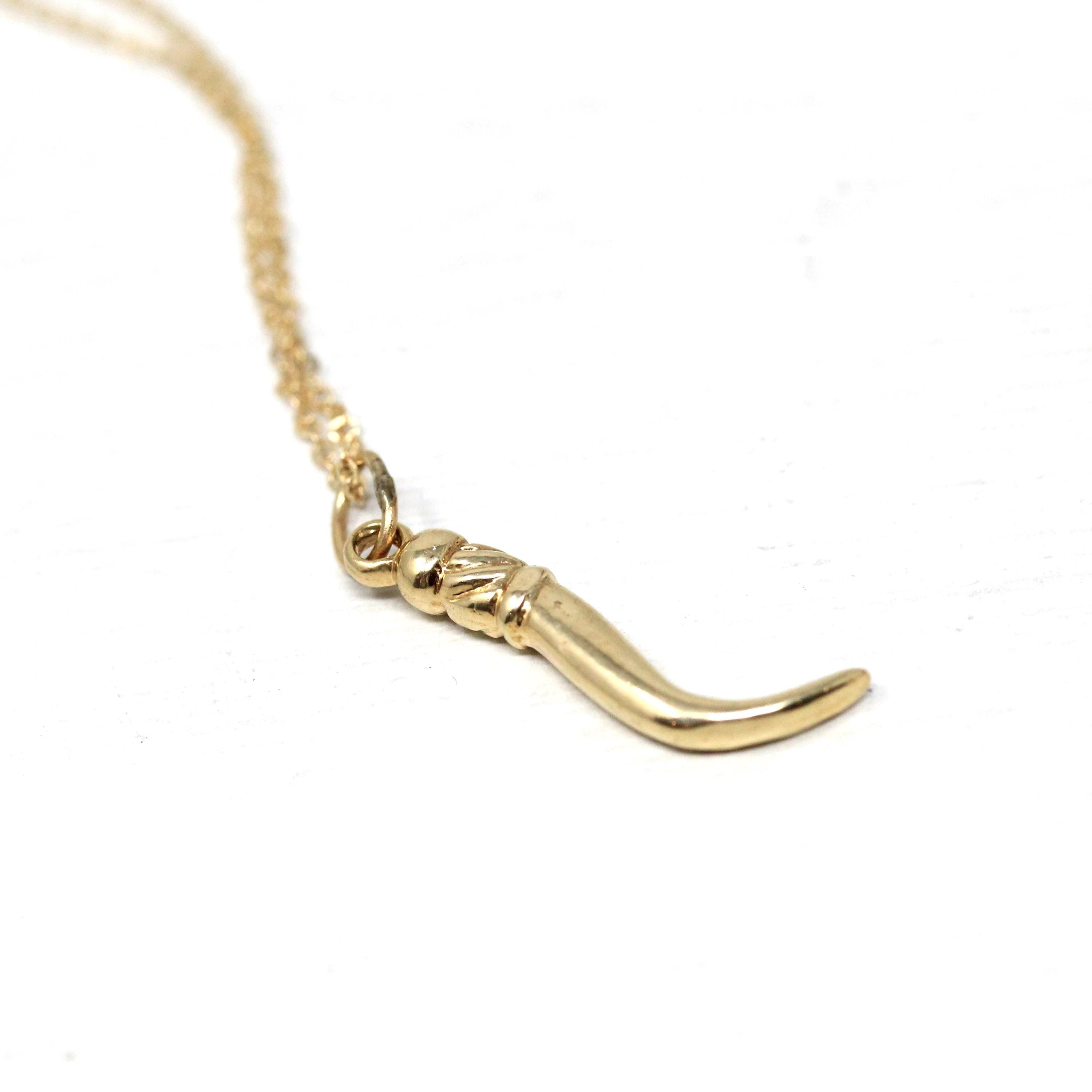 Italian Horn Pendant - Retro 14k Yellow Gold Italy Cornicello Good Luck Necklace Charm - Vintage Circa 1970s Ward Off Evil Amulet Jewelry