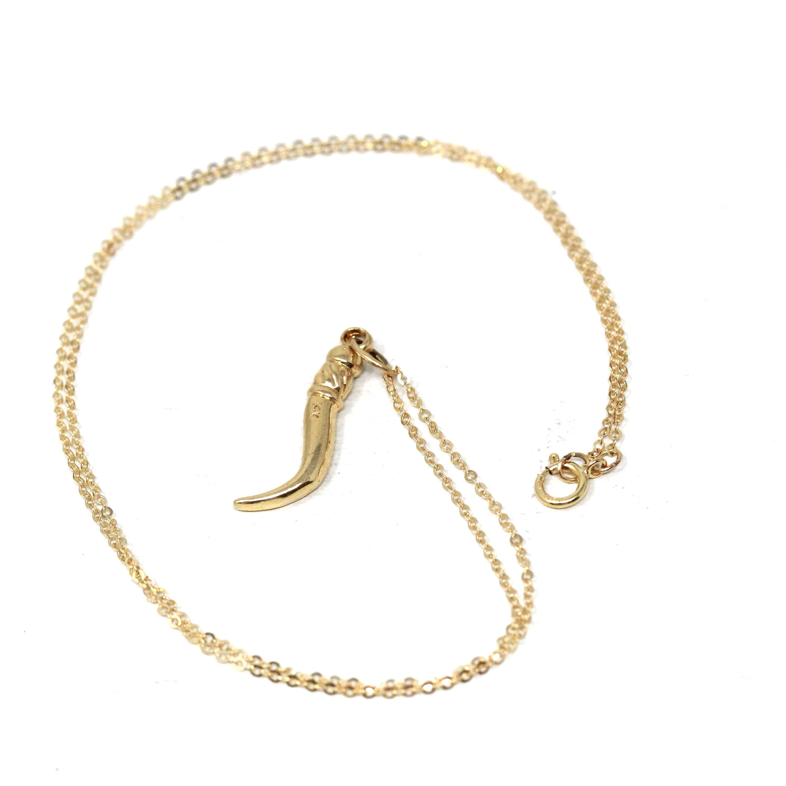 Italian Horn Pendant - Retro 14k Yellow Gold Italy Cornicello Good Luck Necklace Charm - Vintage Circa 1970s Ward Off Evil Amulet Jewelry