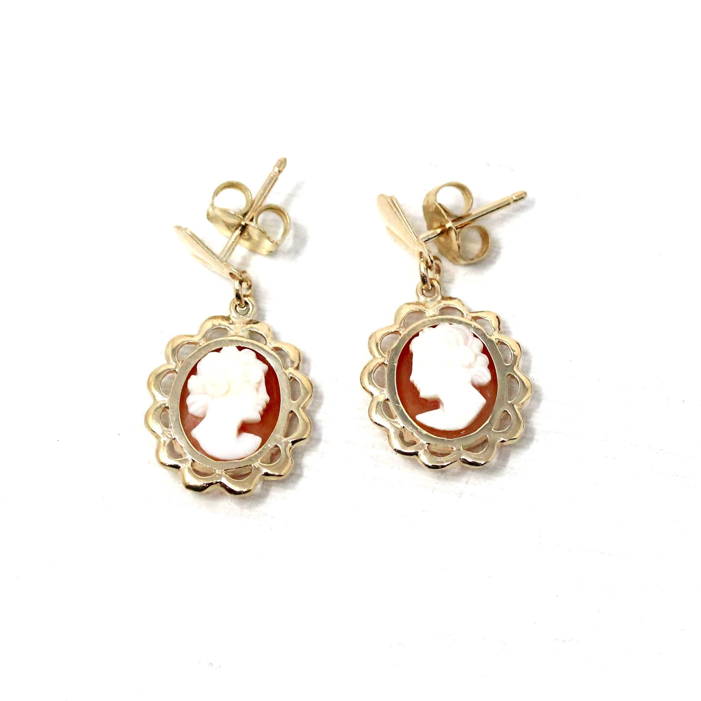 Vintage Cameo Earrings - Retro 10k Yellow Gold Oval Carved Shell Portrait Push Backs - Circa 1960s Era Fashion Accessories 60s Fine Jewelry