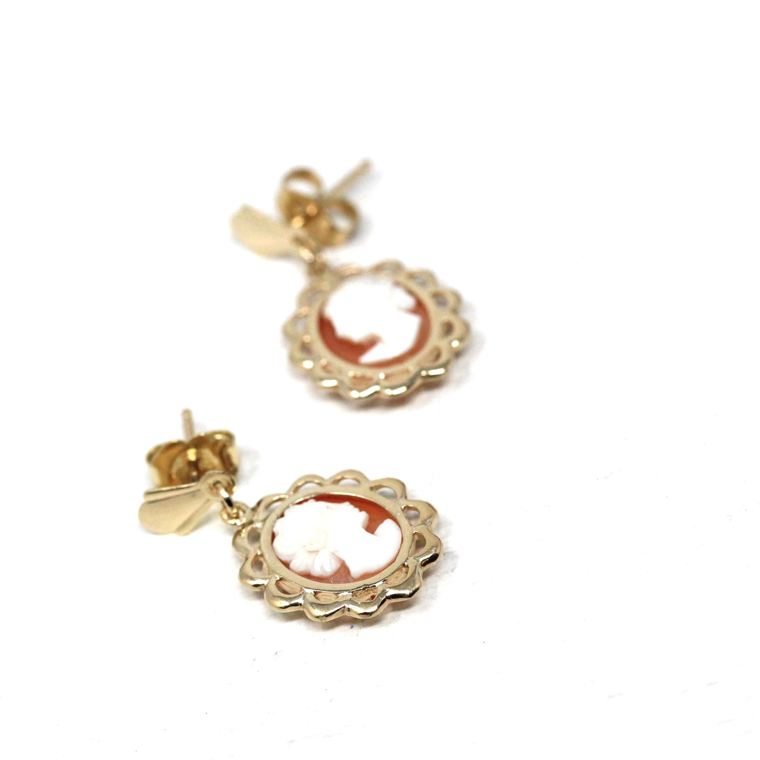 Vintage Cameo Earrings - Retro 10k Yellow Gold Oval Carved Shell Portrait Push Backs - Circa 1960s Era Fashion Accessories 60s Fine Jewelry