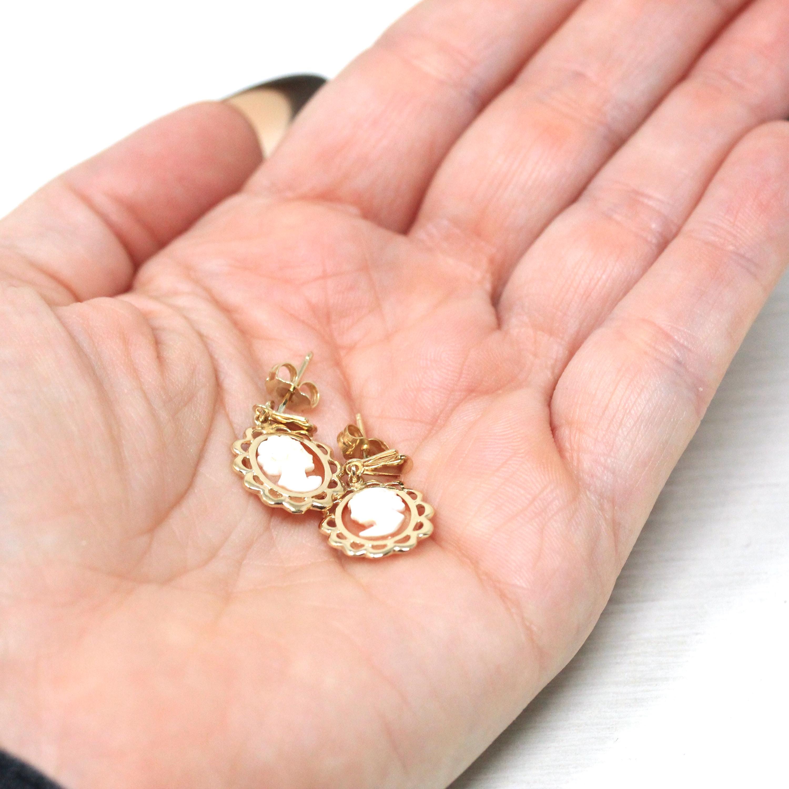 Vintage Cameo Earrings - Retro 10k Yellow Gold Oval Carved Shell Portrait Push Backs - Circa 1960s Era Fashion Accessories 60s Fine Jewelry