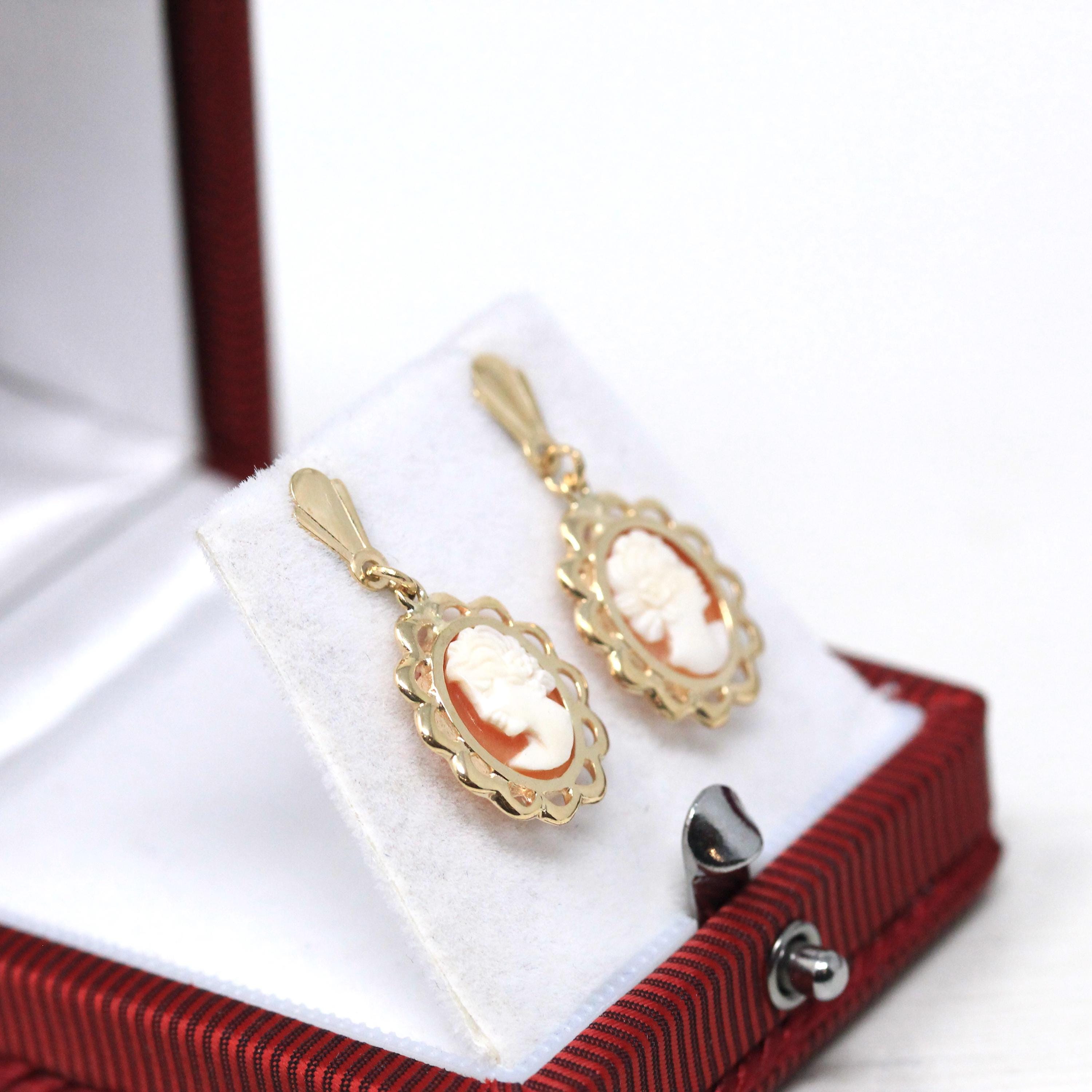 Vintage Cameo Earrings - Retro 10k Yellow Gold Oval Carved Shell Portrait Push Backs - Circa 1960s Era Fashion Accessories 60s Fine Jewelry