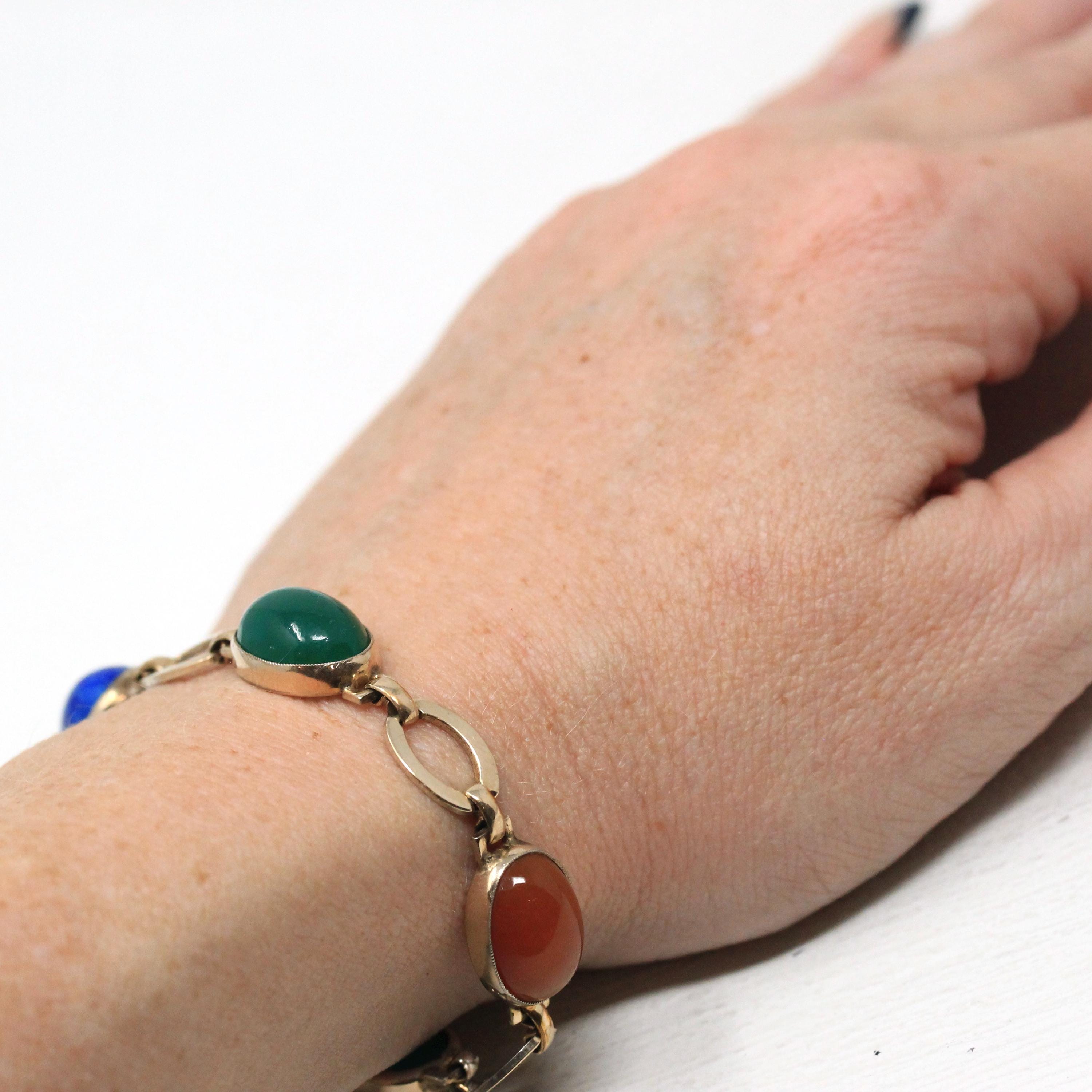 Vintage Gem Bracelet - Retro Sterling Silver 14k Gold Filled Oval Cabochon Gemstones - Circa 1940s Era Statement Symmetalic 40s Jewelry