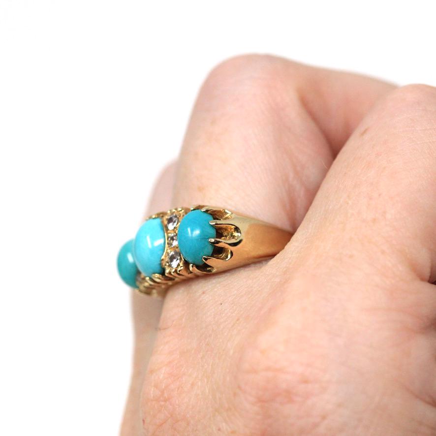 Simulated Turquoise Ring - Estate 9k Yellow Gold Glass Cabochon Three Stone Band - Hallmarked 2016 Size 7.5 Fine Birmingham Fashion Jewelry