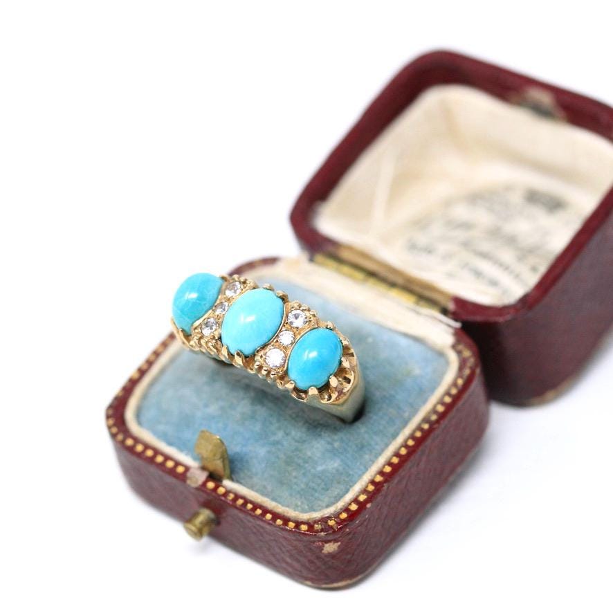 Simulated Turquoise Ring - Estate 9k Yellow Gold Glass Cabochon Three Stone Band - Hallmarked 2016 Size 7.5 Fine Birmingham Fashion Jewelry