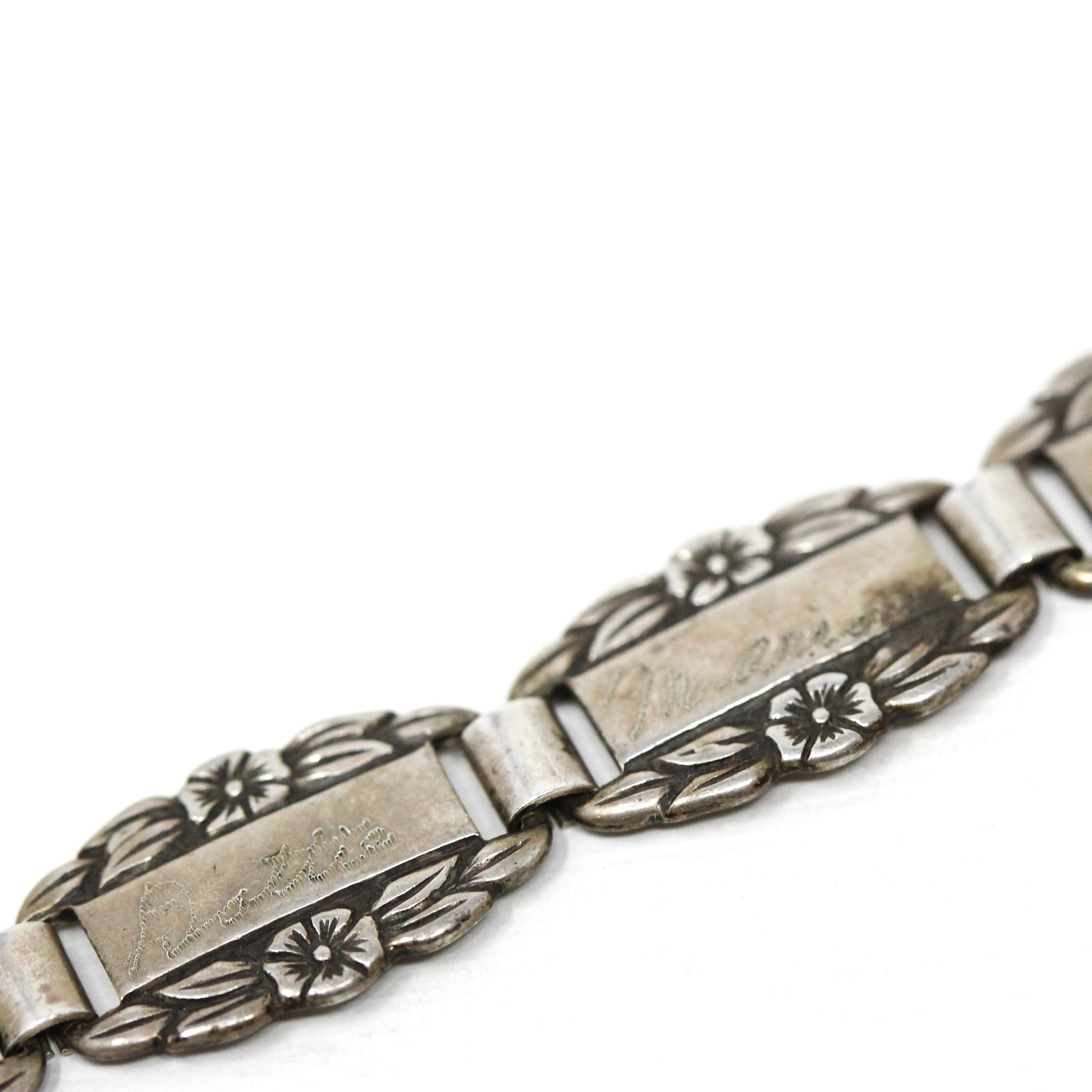 Forget Me Not Bracelet - Retro Sterling Silver Engraved Floral Panels 6 Inches - Vintage Dated 1945 Engraved Names Flower Family Jewelry