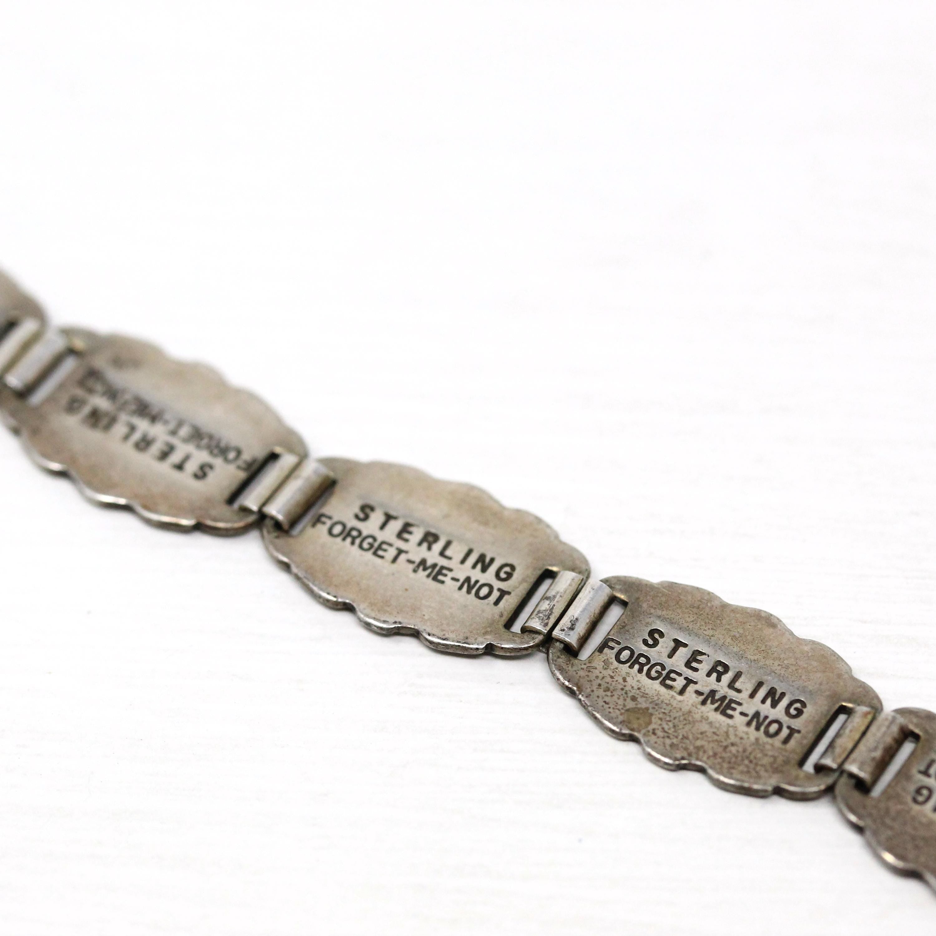 Forget Me Not Bracelet - Retro Sterling Silver Engraved Floral Panels 6 Inches - Vintage Dated 1945 Engraved Names Flower Family Jewelry
