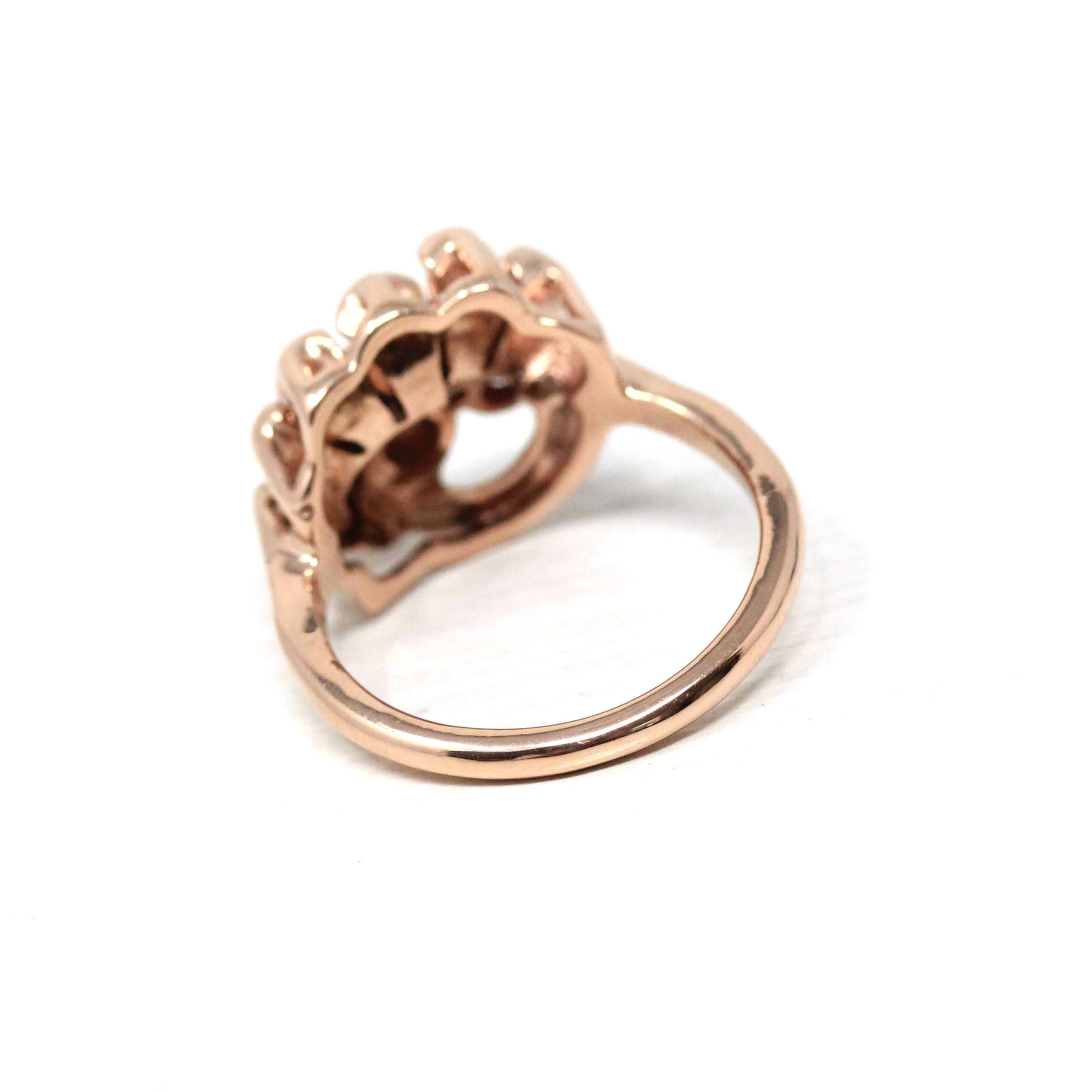 Retro Cocktail Ring - Vintage 14k Rose Gold Created Rubies Natural Diamond Gemstones - Circa 1940s Era Size 7 3/4 Fan Swirl Fine 40s Jewelry