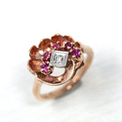 Retro Cocktail Ring - Vintage 14k Rose Gold Created Rubies Natural Diamond Gemstones - Circa 1940s Era Size 7 3/4 Fan Swirl Fine 40s Jewelry