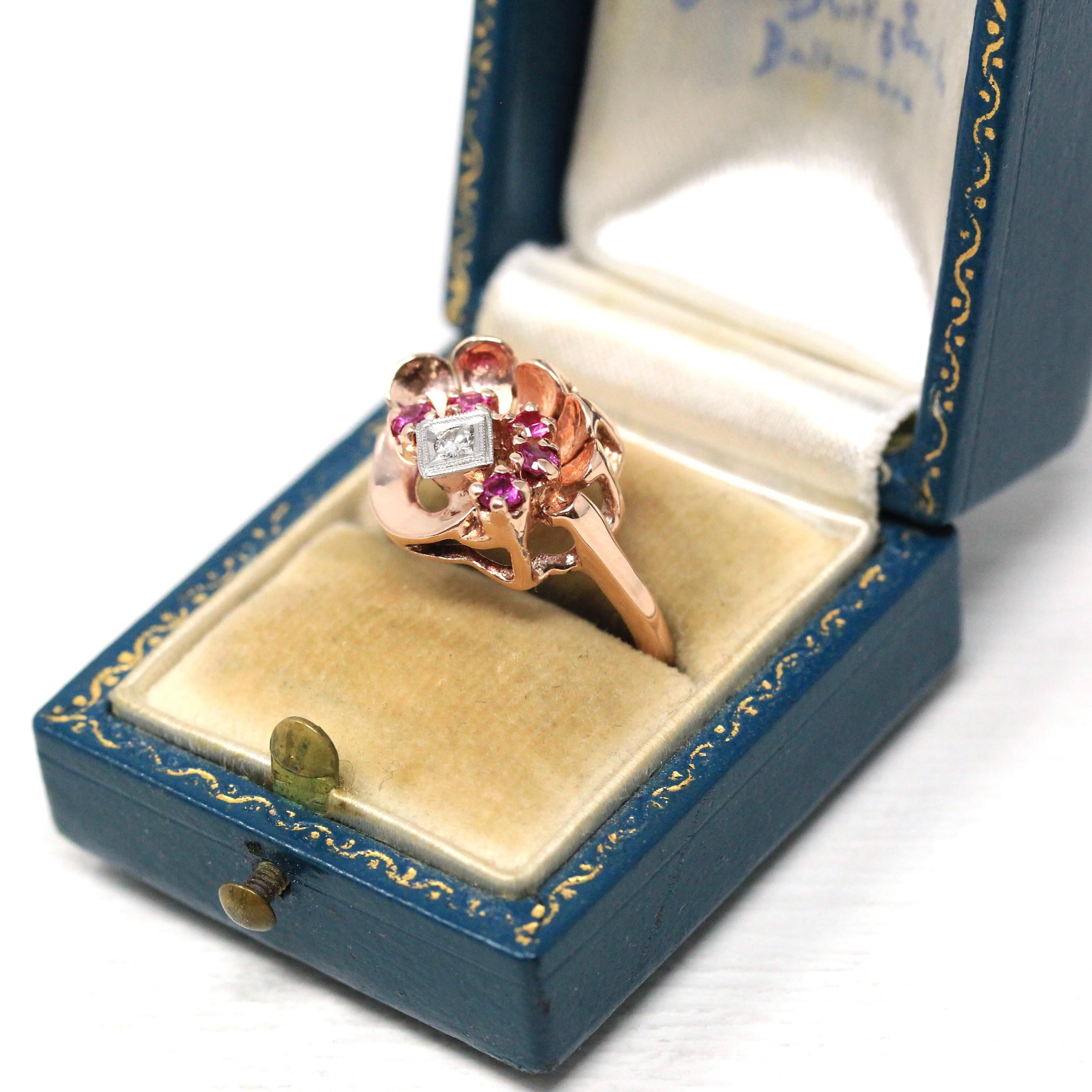 Retro Cocktail Ring - Vintage 14k Rose Gold Created Rubies Natural Diamond Gemstones - Circa 1940s Era Size 7 3/4 Fan Swirl Fine 40s Jewelry
