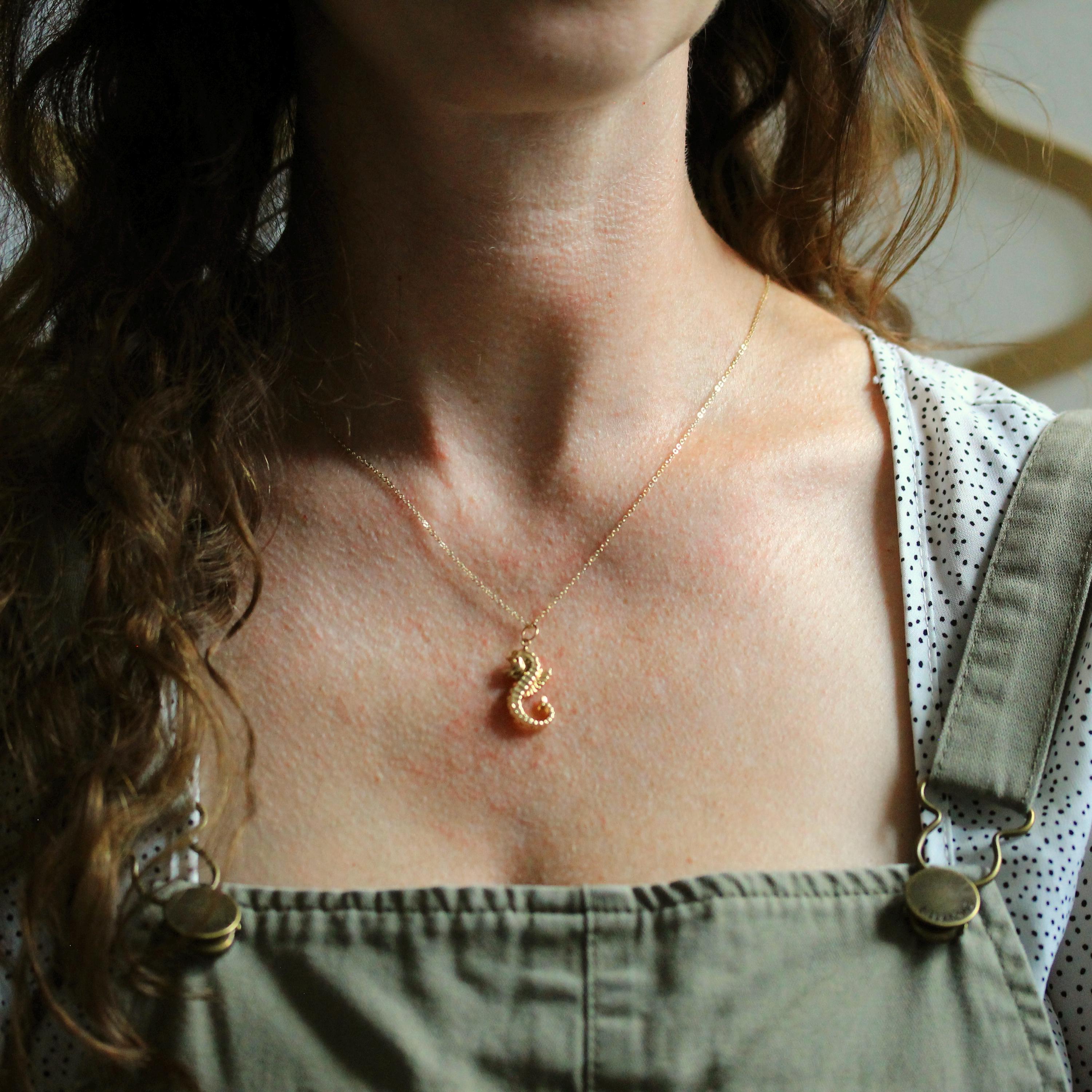 Estate Seahorse Charm - Modern 14k Yellow Gold Marine Fish Animal Pendant Necklace - Dainty Circa 2000's Era Aquatic Beach Sea Fine Jewelry