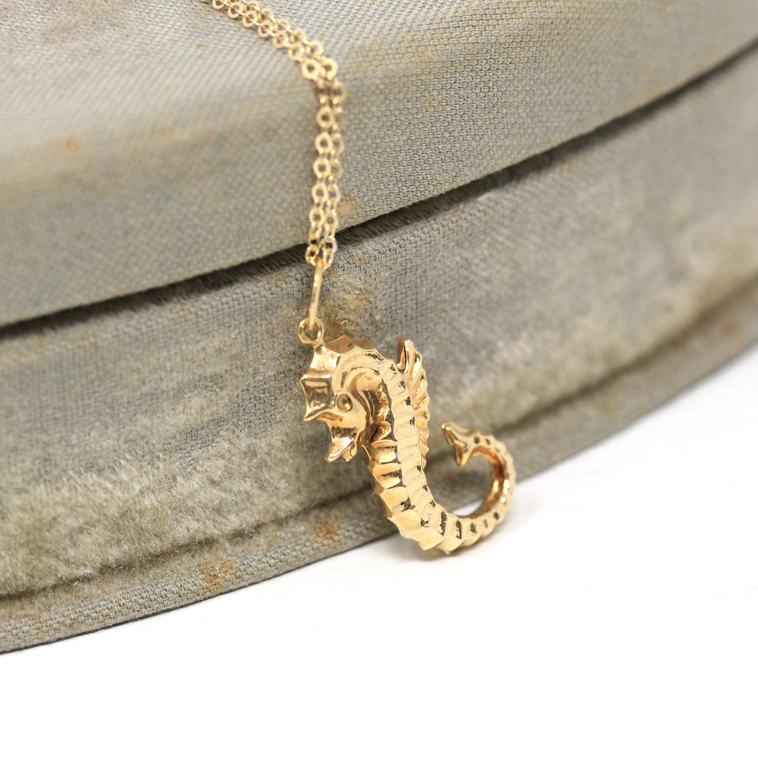 Estate Seahorse Charm - Modern 14k Yellow Gold Marine Fish Animal Pendant Necklace - Dainty Circa 2000's Era Aquatic Beach Sea Fine Jewelry