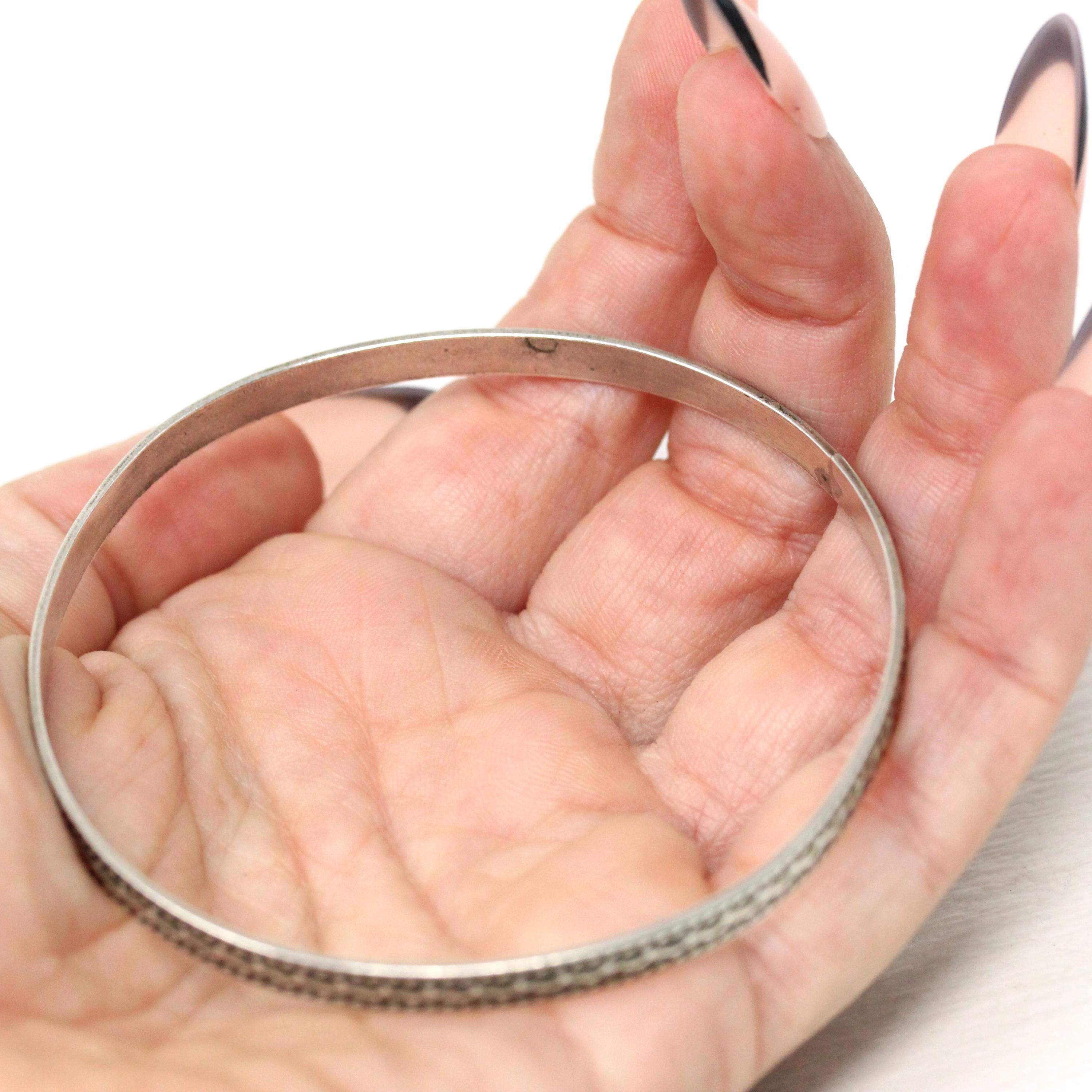 Vintage Sterling Silver Bracelet - Retro Engraved Eternity Designs Skinny Bangle - Circa 1960s Era Statement Stacking Accessory 60s Jewelry