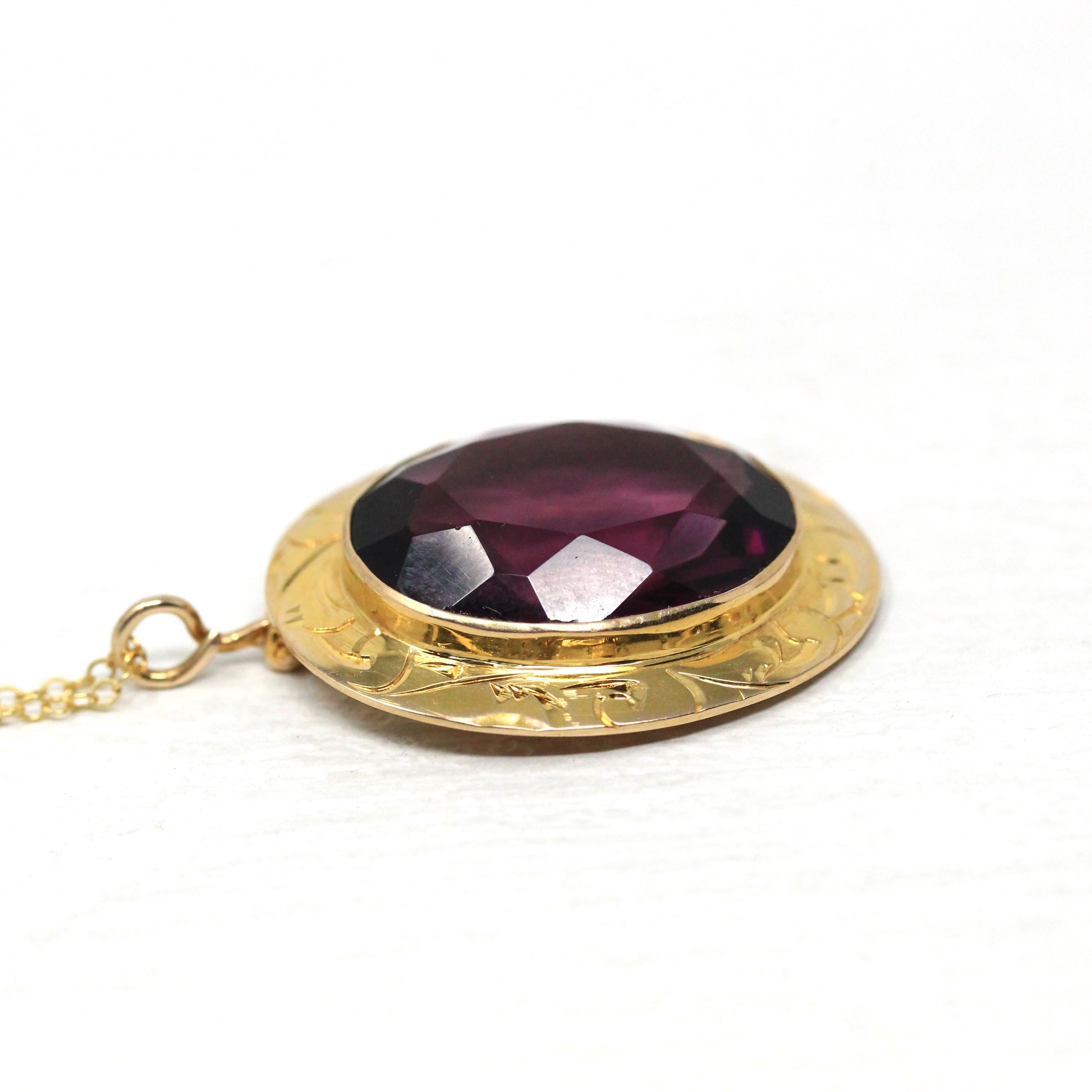 Simulated Amethyst Necklace - Edwardian Era 10k Yellow Gold Oval Faceted Purple Glass Pendant - Antique Circa 1910s Fine February Jewelry