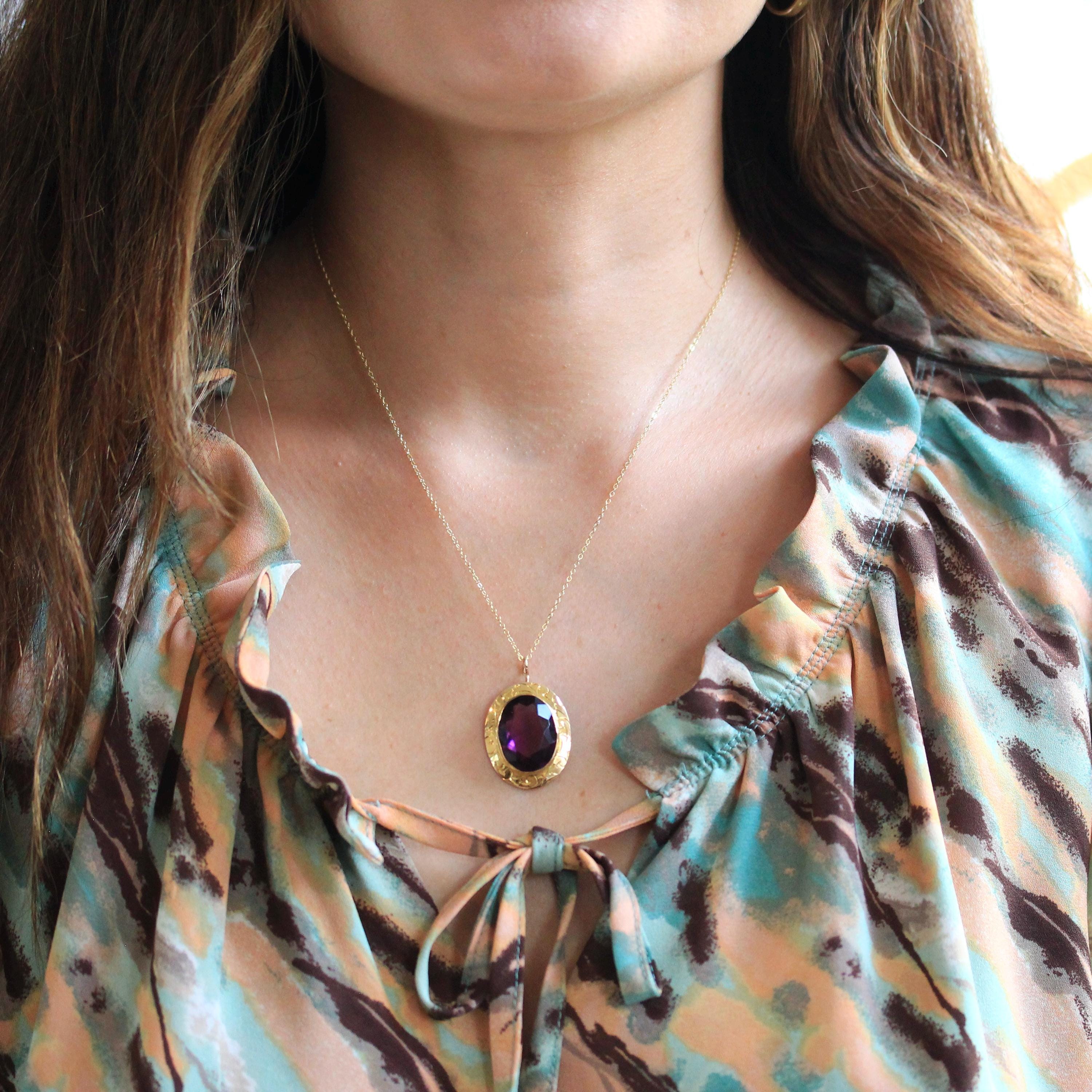 Simulated Amethyst Necklace - Edwardian Era 10k Yellow Gold Oval Faceted Purple Glass Pendant - Antique Circa 1910s Fine February Jewelry