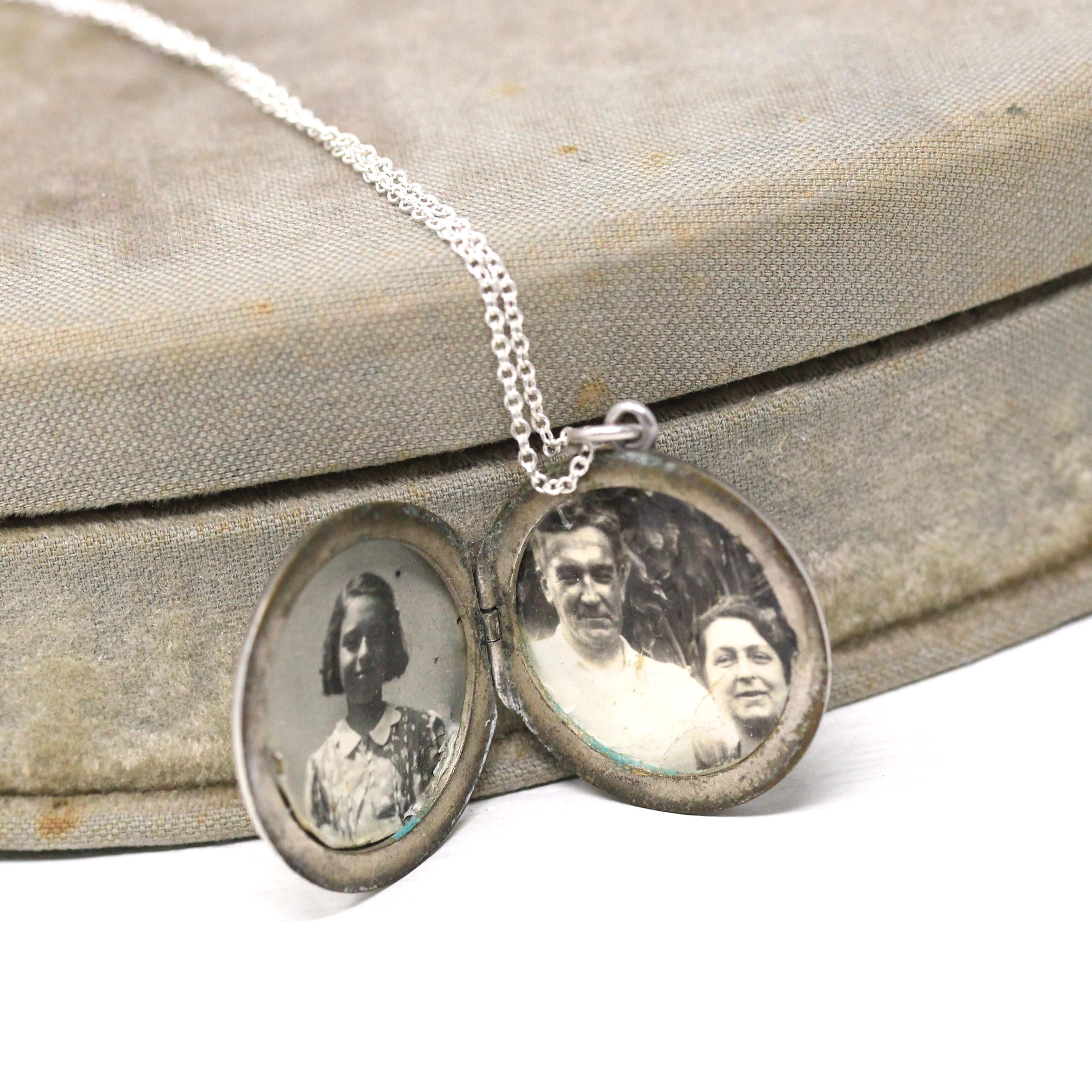 Fleur De Lis Locket - Antique Sterling Silver Locket Pendant Necklace - Edwardian Circa 1910s French Lily Statement Engraved Photos Jewelry