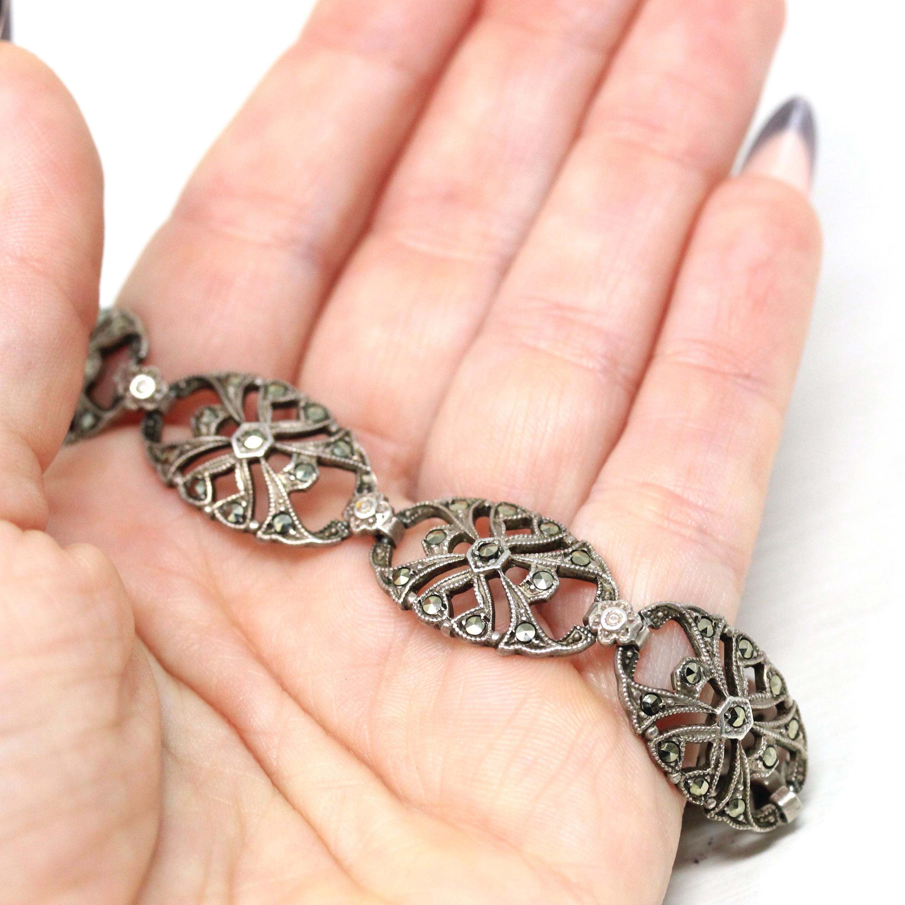 Art Deco Bracelet - Vintage Sterling Silver Open Metal Sparkling Marcasite Panels - Circa 1930s Era Filigree Fashion Accessory 30s Jewelry