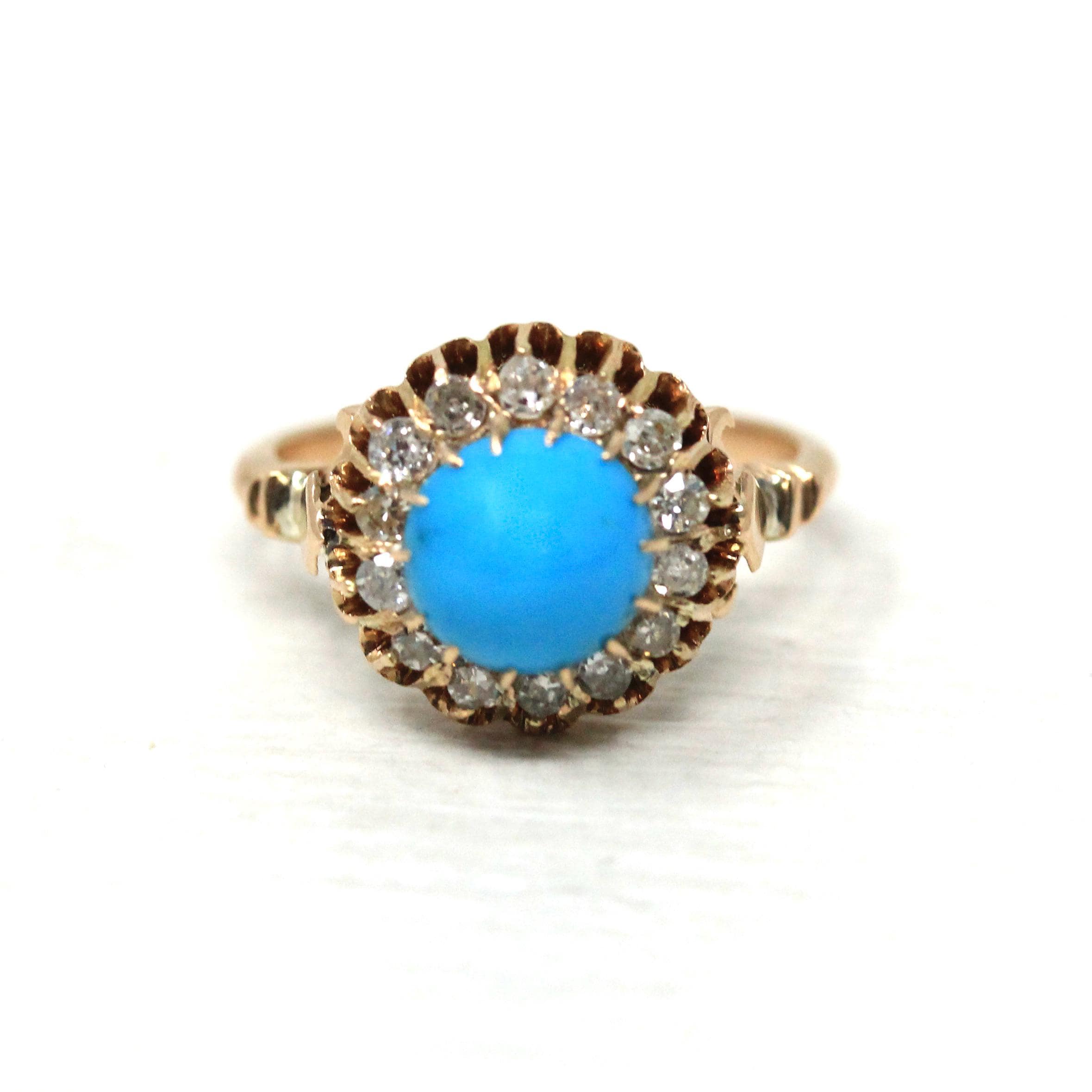 Victorian Turquoise Ring - Antique 18k Rose Gold Natural Diamond Halo - Size 4 1/4 Circa 1890s Fine December Birthstone Cluster Jewelry