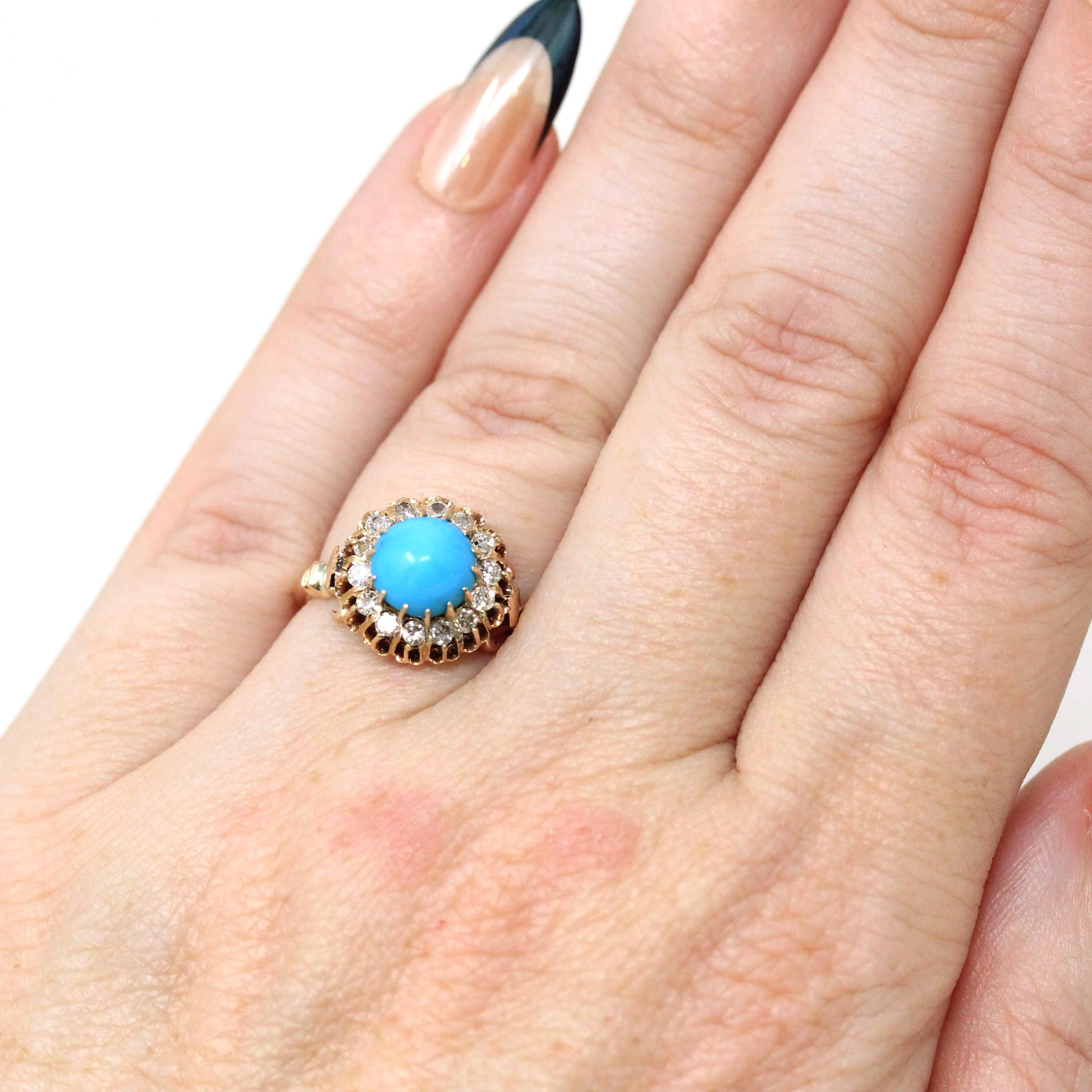 Victorian Turquoise Ring - Antique 18k Rose Gold Natural Diamond Halo - Size 4 1/4 Circa 1890s Fine December Birthstone Cluster Jewelry