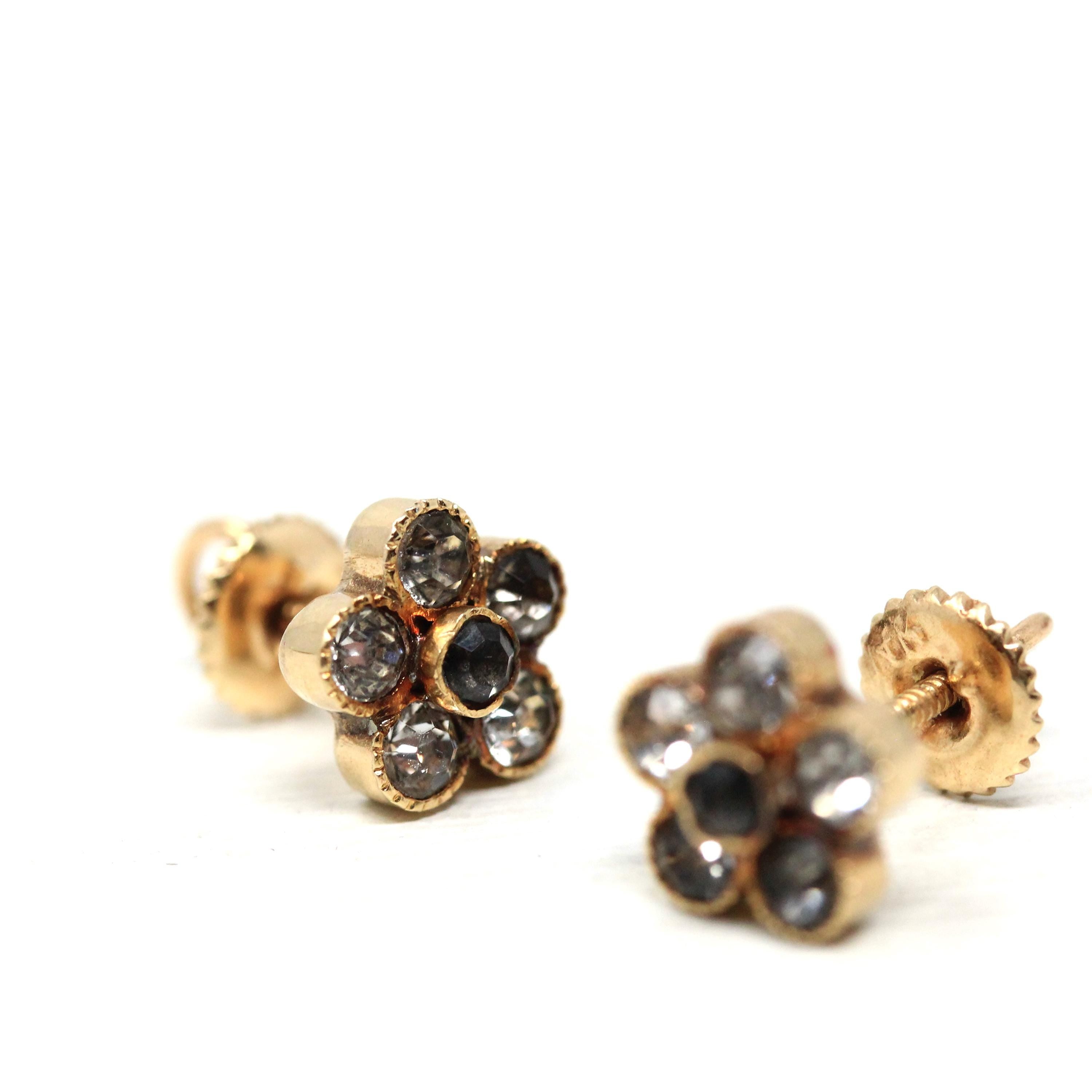 Antique Paste Earrings - Edwardian 14k Yellow Gold Buttercup Flower Pierced Posts Studs - Vintage 1910s White Gray Stone Bridal Fine Jewelry