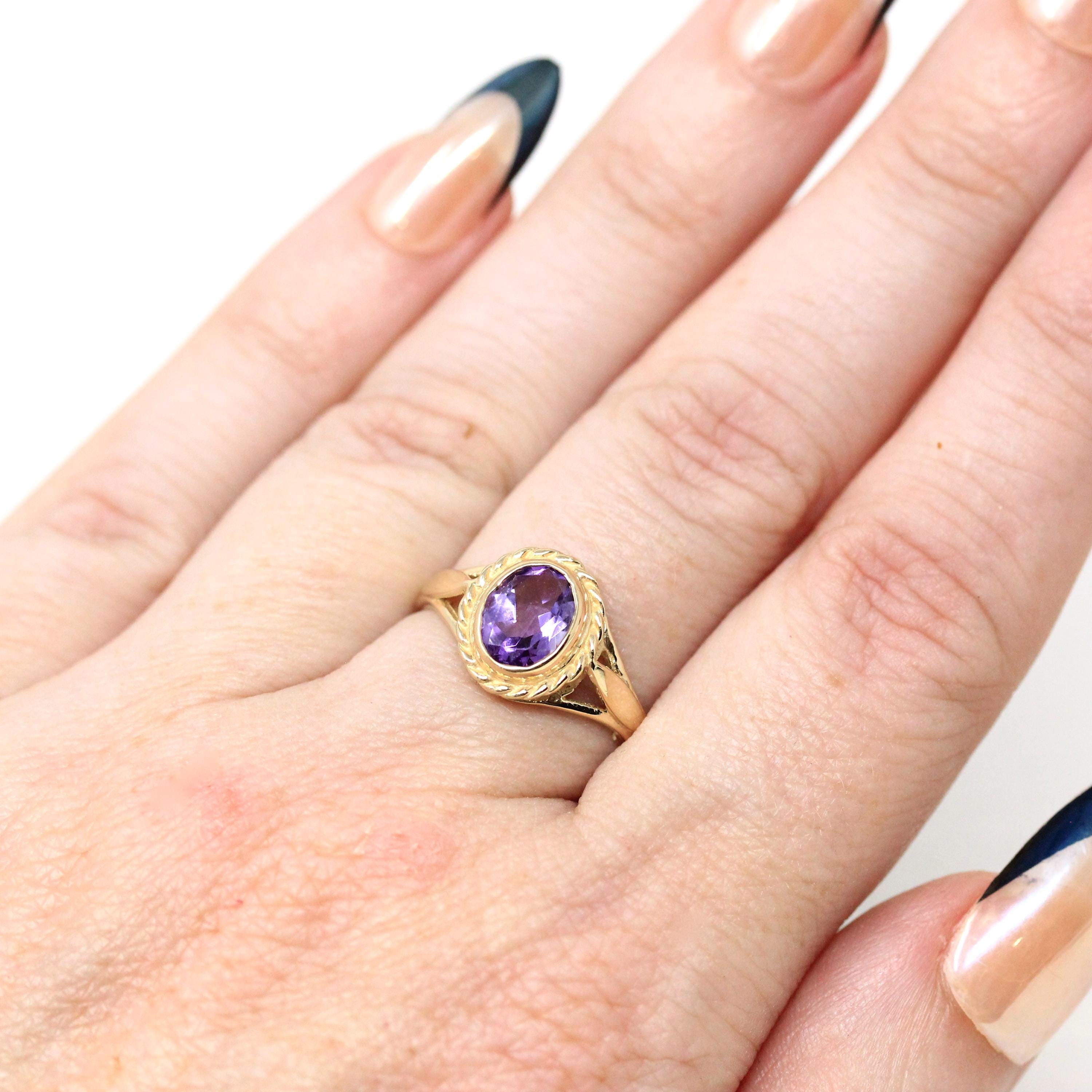 Estate Amethyst Ring - Modern Era 9k Yellow Gold English Oval Purple Natural Gem - Circa 2000s Size 6 1/2 Fine February Birthstone Jewelry