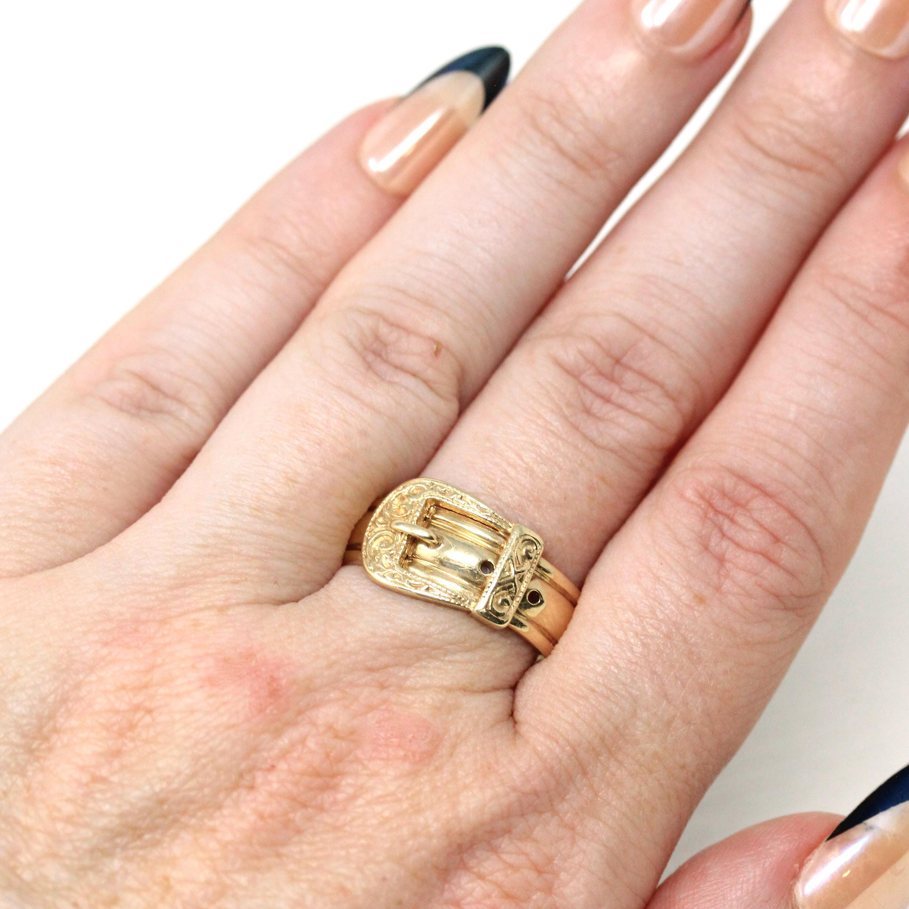 English Buckle Ring - Estate 9k Yellow Gold Birmingham England Figural Belt Band - Vintage Hallmarked Victorian Style Size 10 Fine Jewelry