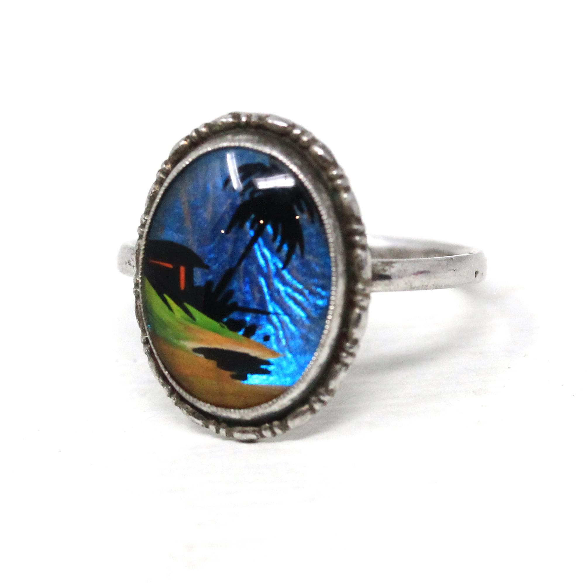 Morpho Butterfly Wing Ring - Vintage English Sterling Silver Blue Wing - Size 9 1/2 Retro Era 1940s Tropical Souvenir London England Jewelry