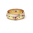 Retro Created Ruby Band - Vintage Yellow & Rose Gold Round Natural Red Corundum Ring - Circa 1960s Cigar Bezel Gem Stacking Fine Jewelry