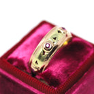 Retro Created Ruby Band - Vintage Yellow & Rose Gold Round Natural Red Corundum Ring - Circa 1960s Cigar Bezel Gem Stacking Fine Jewelry