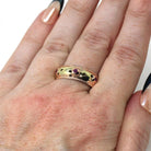 Retro Created Ruby Band - Vintage Yellow & Rose Gold Round Natural Red Corundum Ring - Circa 1960s Cigar Bezel Gem Stacking Fine Jewelry