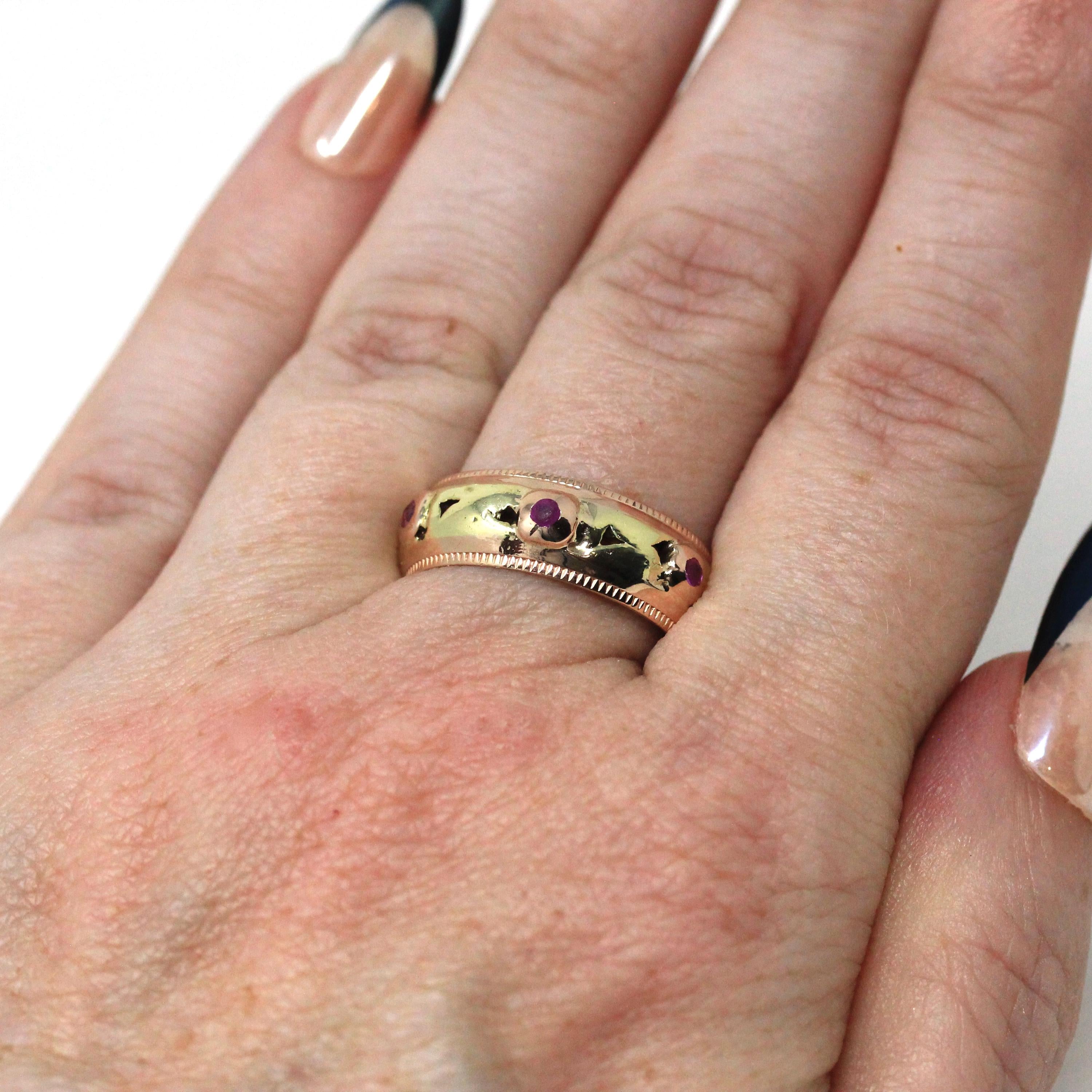 Retro Created Ruby Band - Vintage Yellow & Rose Gold Round Natural Red Corundum Ring - Circa 1960s Cigar Bezel Gem Stacking Fine Jewelry