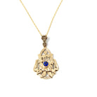 Created Sapphire Pendant - Retro 10k Yellow Gold Round Blue Gem Lavalier Necklace - Circa 1940s Fine September Birthstone Flower Jewelry
