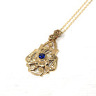 Created Sapphire Pendant - Retro 10k Yellow Gold Round Blue Gem Lavalier Necklace - Circa 1940s Fine September Birthstone Flower Jewelry