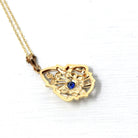 Created Sapphire Pendant - Retro 10k Yellow Gold Round Blue Gem Lavalier Necklace - Circa 1940s Fine September Birthstone Flower Jewelry