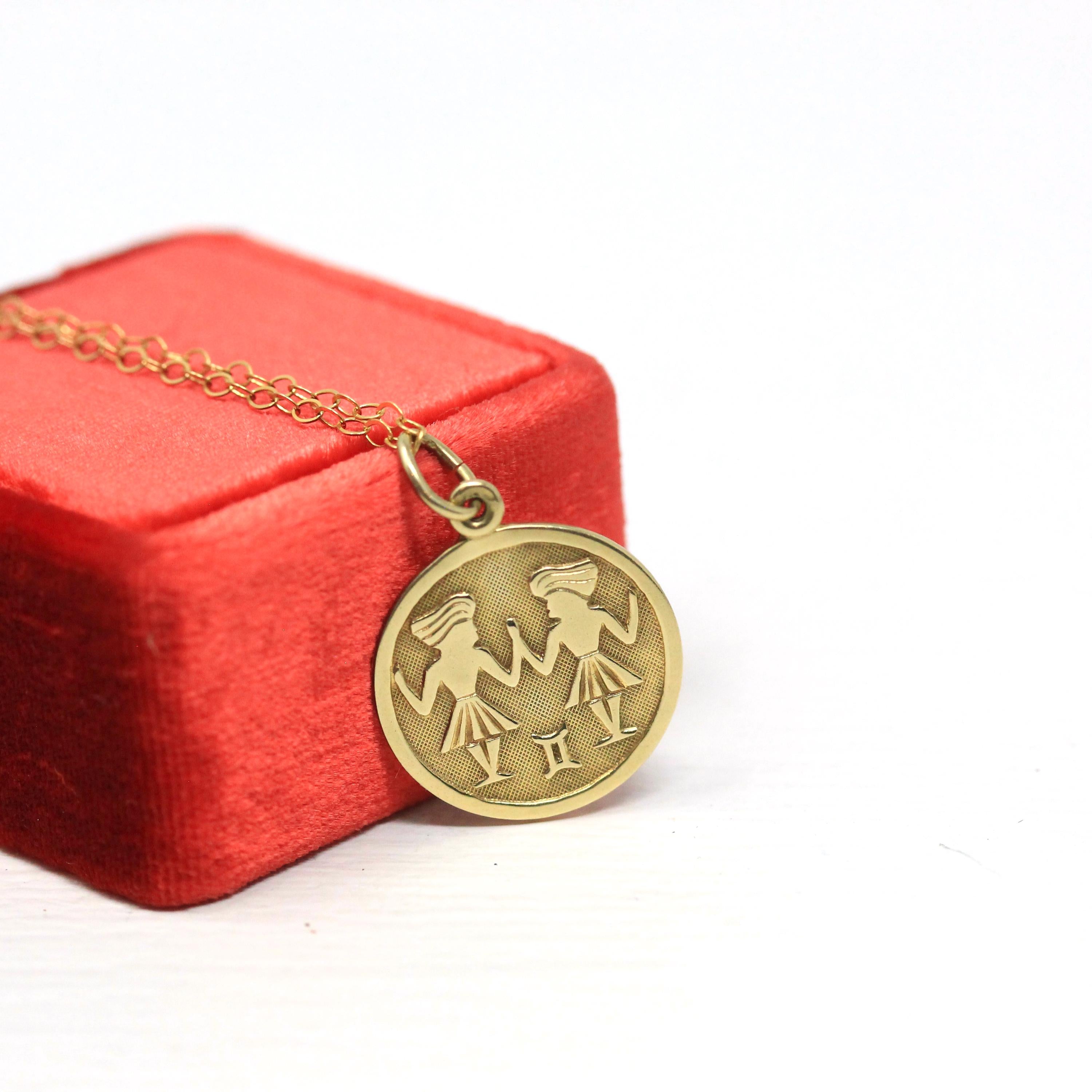 Estate Gemini Charm - Modern 14k Yellow Gold The Twins Air Element Pendant Necklace - Circa 1990s Era Dainty Petite Zodiac Fine 90s Jewelry
