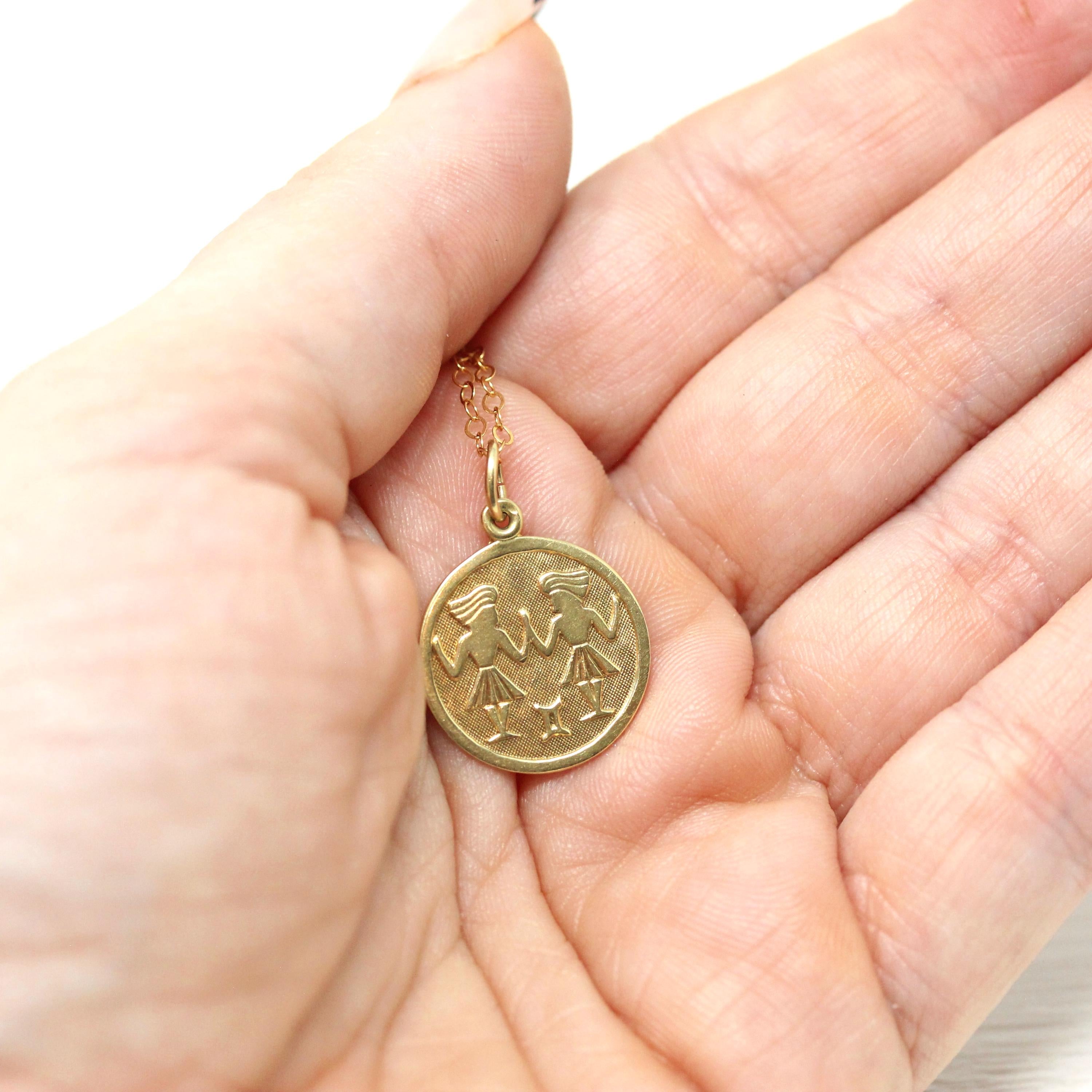 Estate Gemini Charm - Modern 14k Yellow Gold The Twins Air Element Pendant Necklace - Circa 1990s Era Dainty Petite Zodiac Fine 90s Jewelry