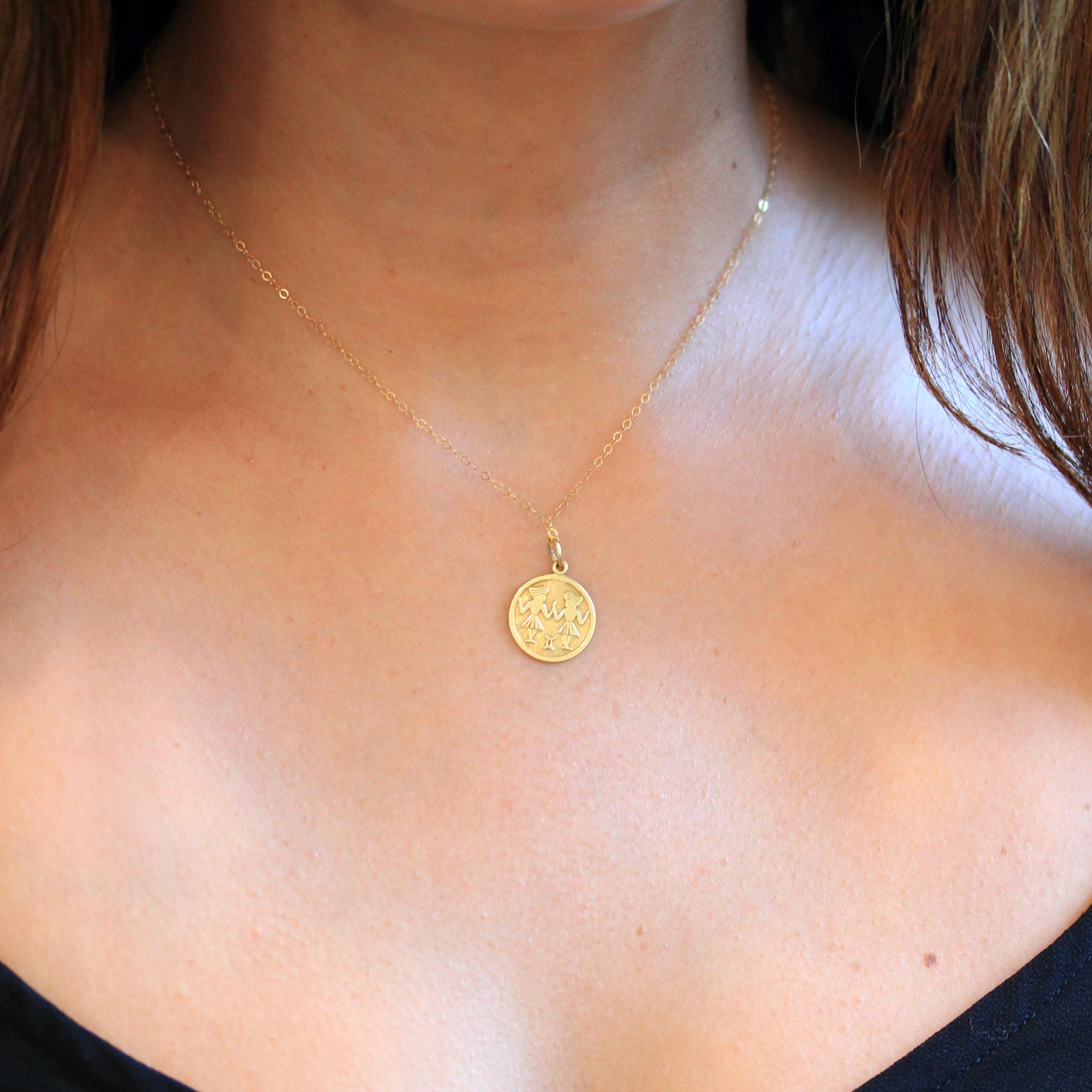 Estate Gemini Charm - Modern 14k Yellow Gold The Twins Air Element Pendant Necklace - Circa 1990s Era Dainty Petite Zodiac Fine 90s Jewelry