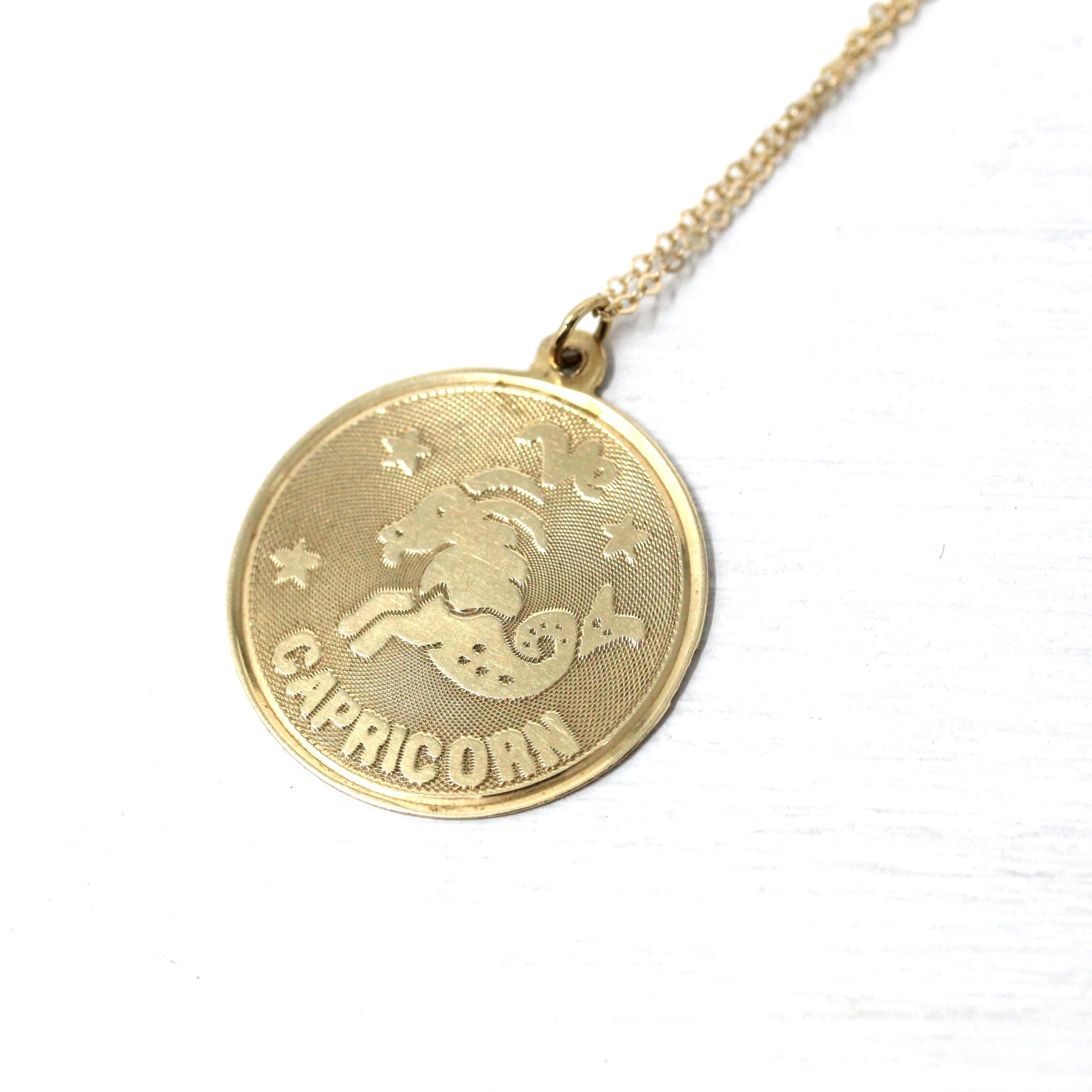 Vintage Capricorn Necklace - Retro 14k Yellow Gold Sea Goat Astrological Sign Pendant - Dated Christmas 1977 Zodiac Earth Element Jewelry