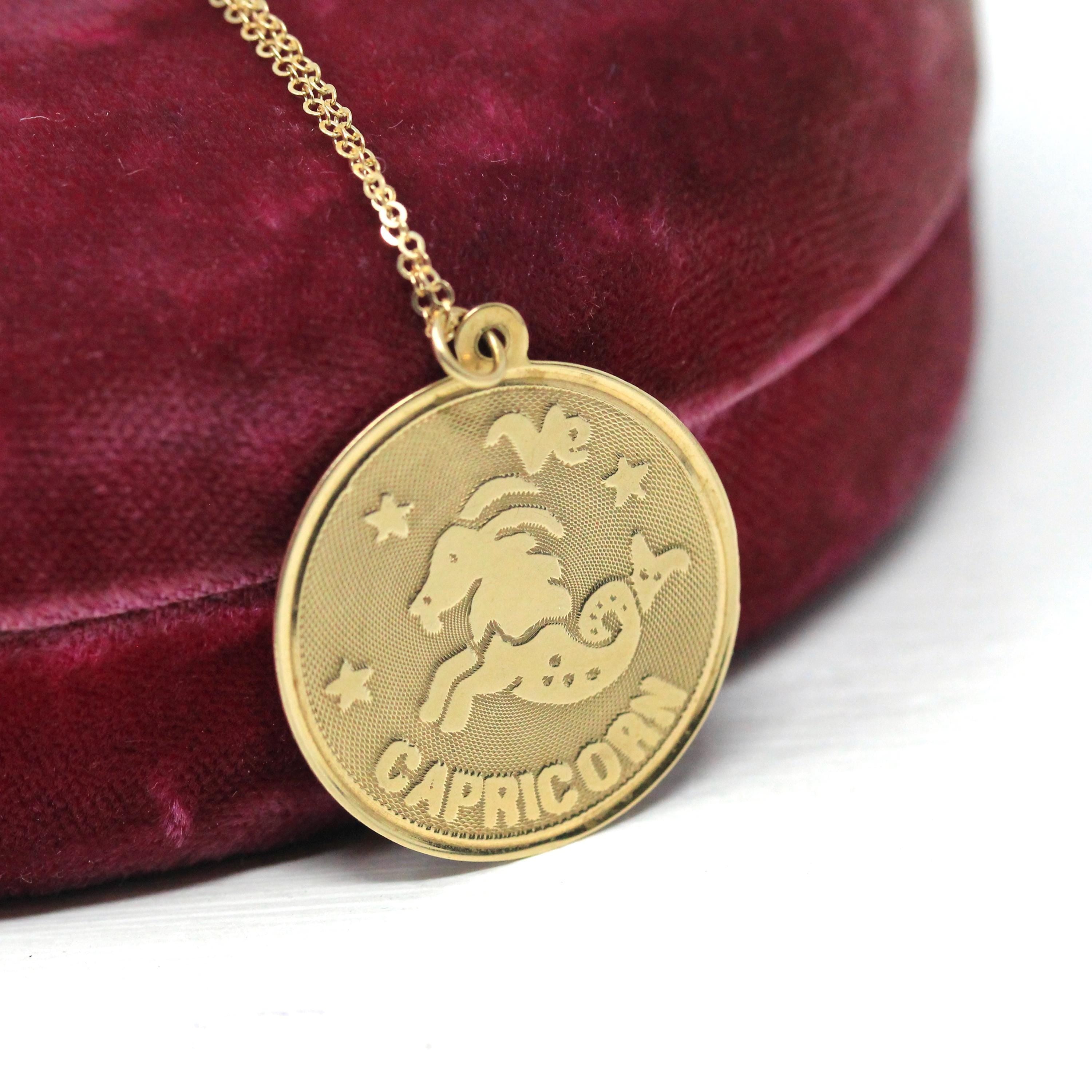 Vintage Capricorn Necklace - Retro 14k Yellow Gold Sea Goat Astrological Sign Pendant - Dated Christmas 1977 Zodiac Earth Element Jewelry
