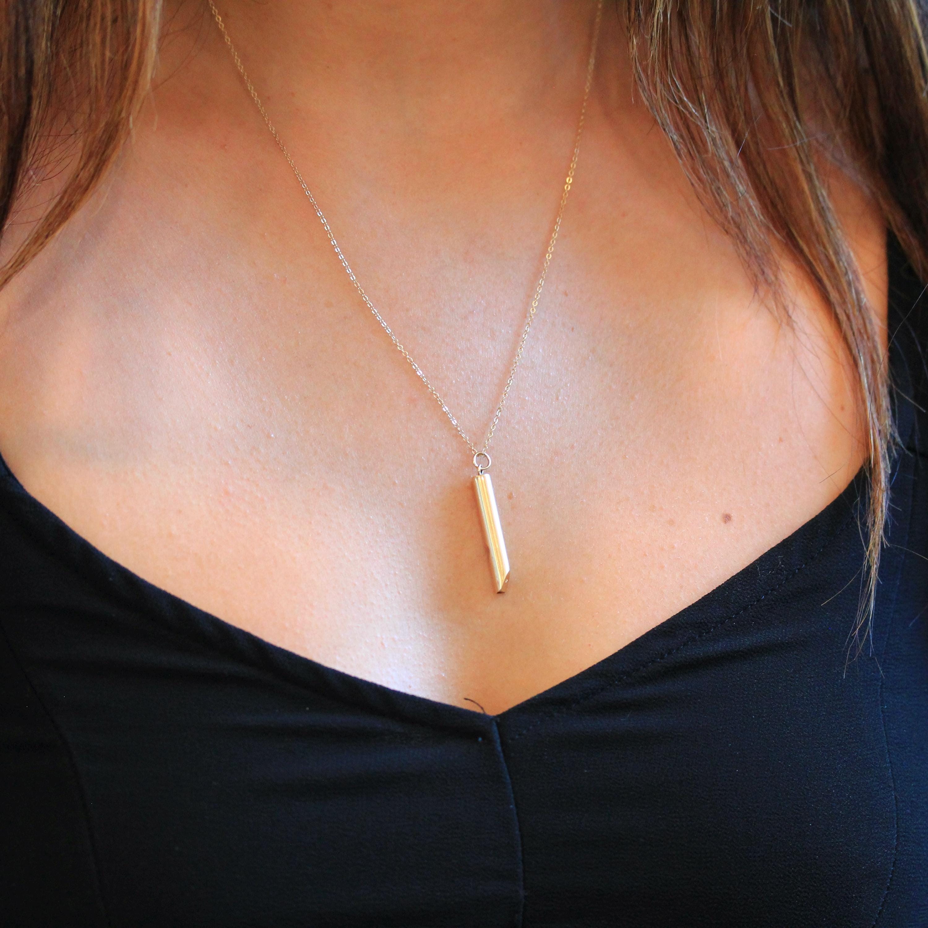 Dainty Whistle Necklace - Modern 14k Yellow Gold Flute Pipe Charm Pendant - Estate Small Recorder Functional Instrument Fob Fine Jewelry