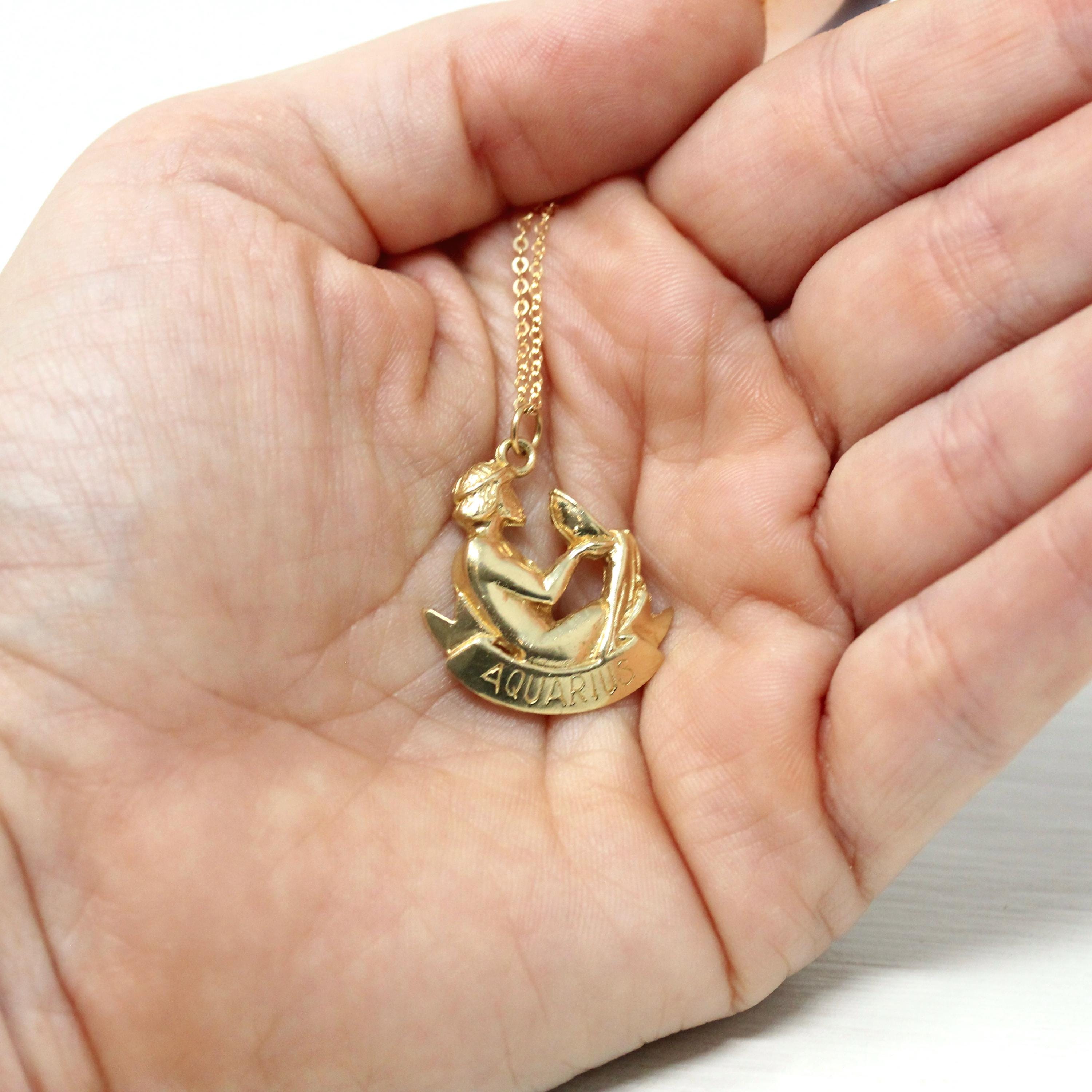 Vintage Aquarius Pendant - 1990s 14k Yellow Gold Water-Bearer Astrological Sign Necklace - Estate Zodiac Celestial Air Element Jewelry