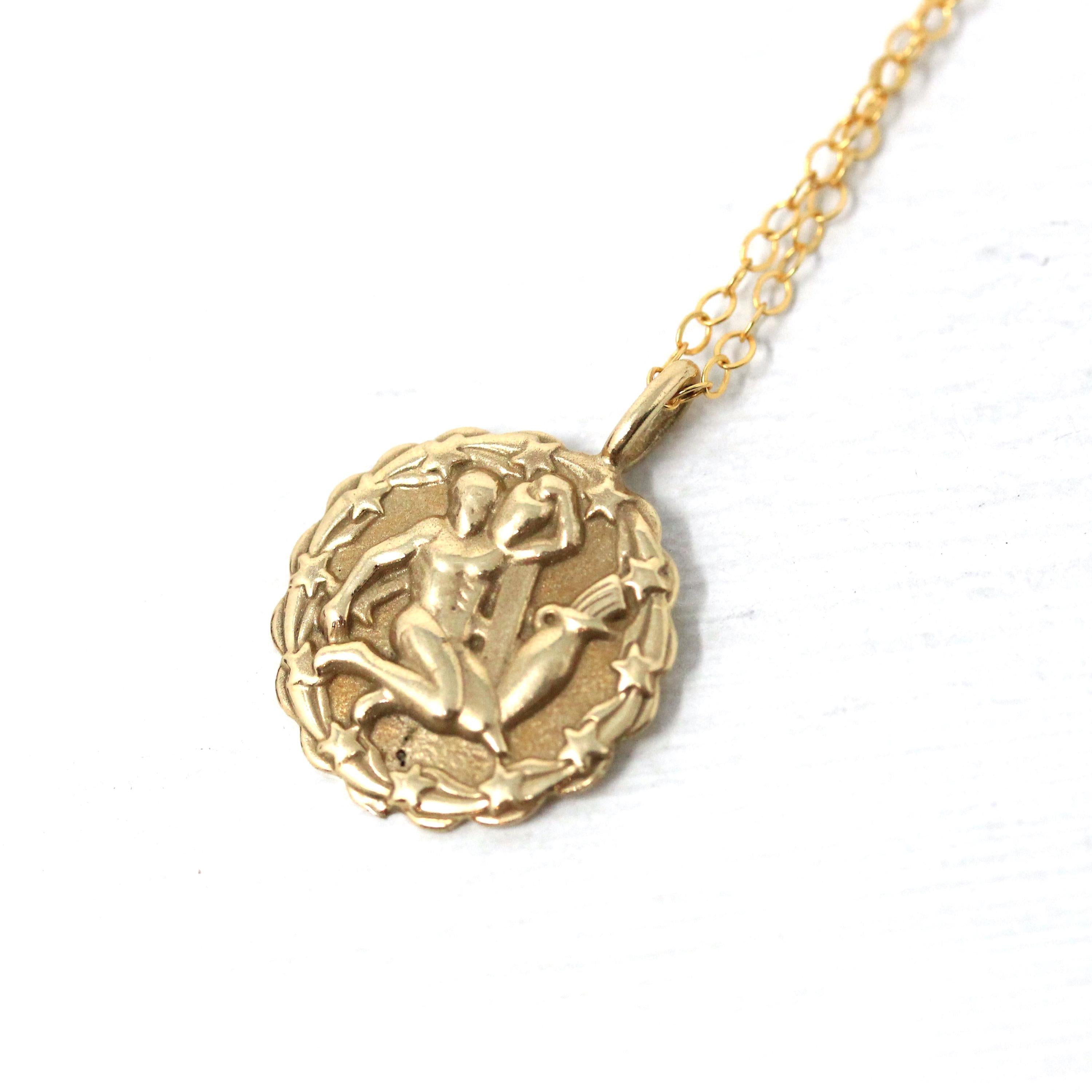 Vintage Aquarius Charm - Retro 14k Yellow Gold Water-Bearer Astrological Sign Pendant Necklace - Circa 1960s Era Zodiac Air Element Jewelry