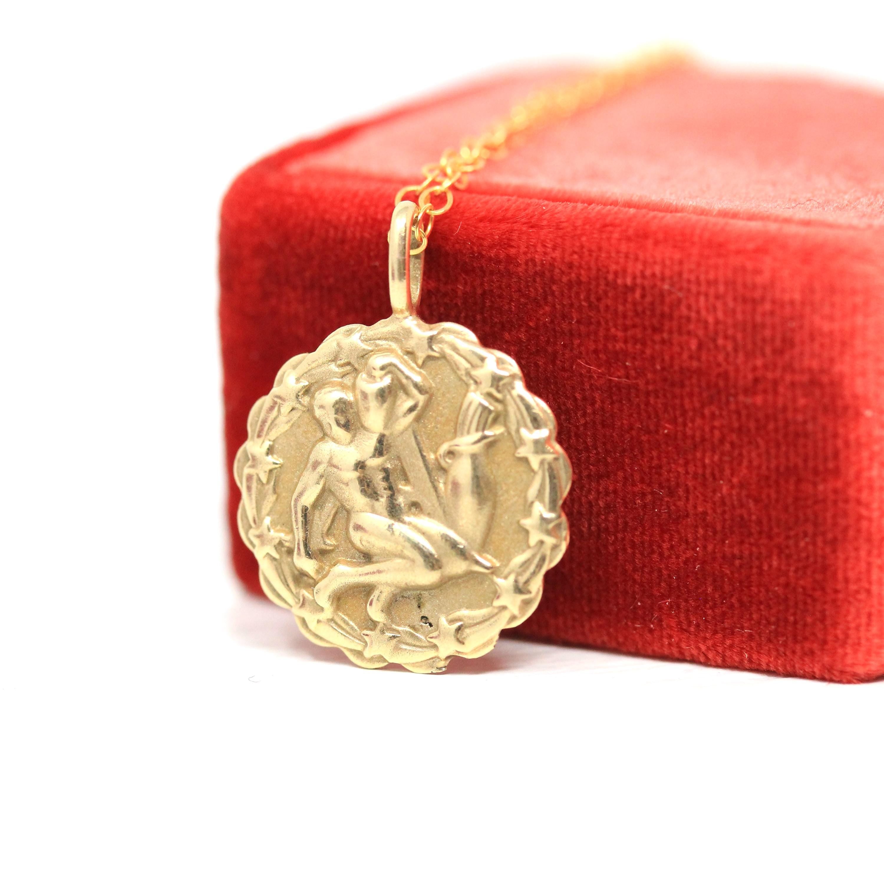 Vintage Aquarius Charm - Retro 14k Yellow Gold Water-Bearer Astrological Sign Pendant Necklace - Circa 1960s Era Zodiac Air Element Jewelry