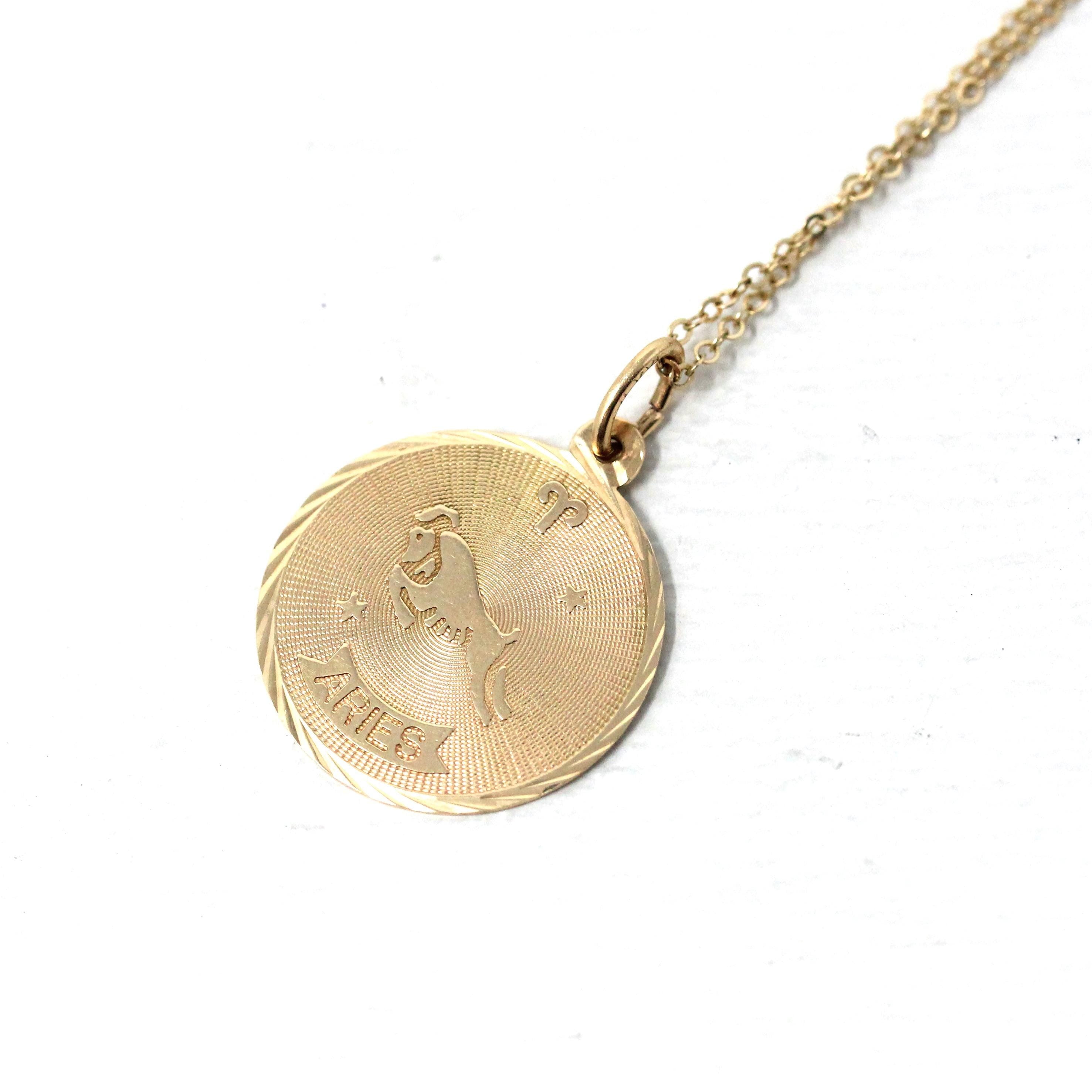 Vintage Aries Charm - Retro 14k Yellow Gold Ram Astrological Sign Necklace Pendant - Dated March 28 1943 Zodiac Fire Element Fine Jewelry