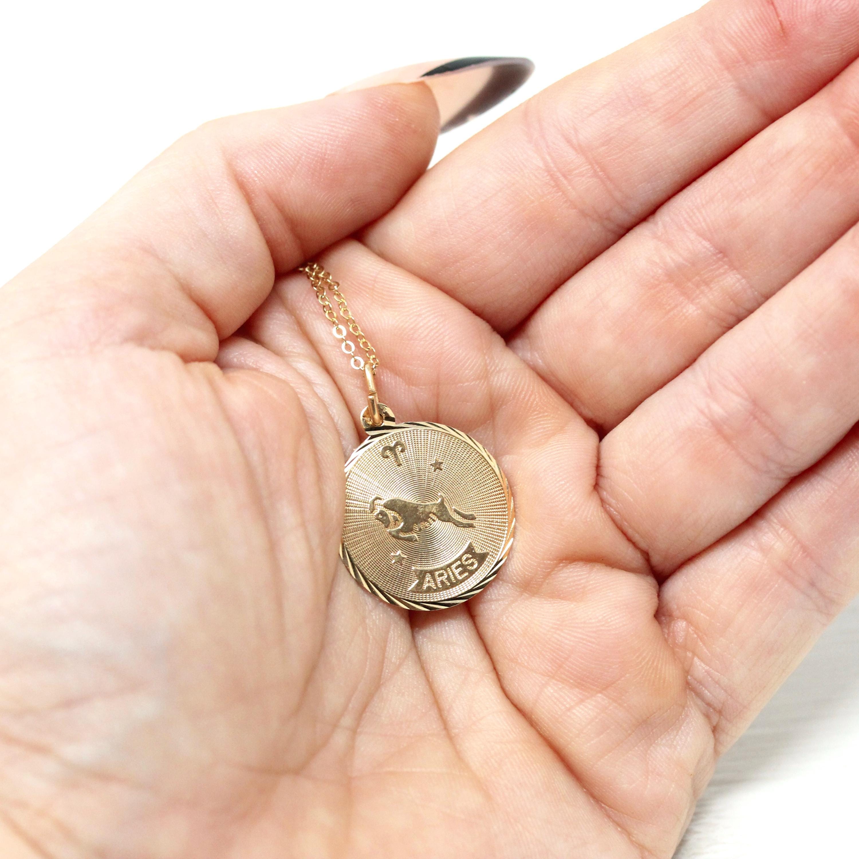 Vintage Aries Charm - Retro 14k Yellow Gold Ram Astrological Sign Necklace Pendant - Dated March 28 1943 Zodiac Fire Element Fine Jewelry